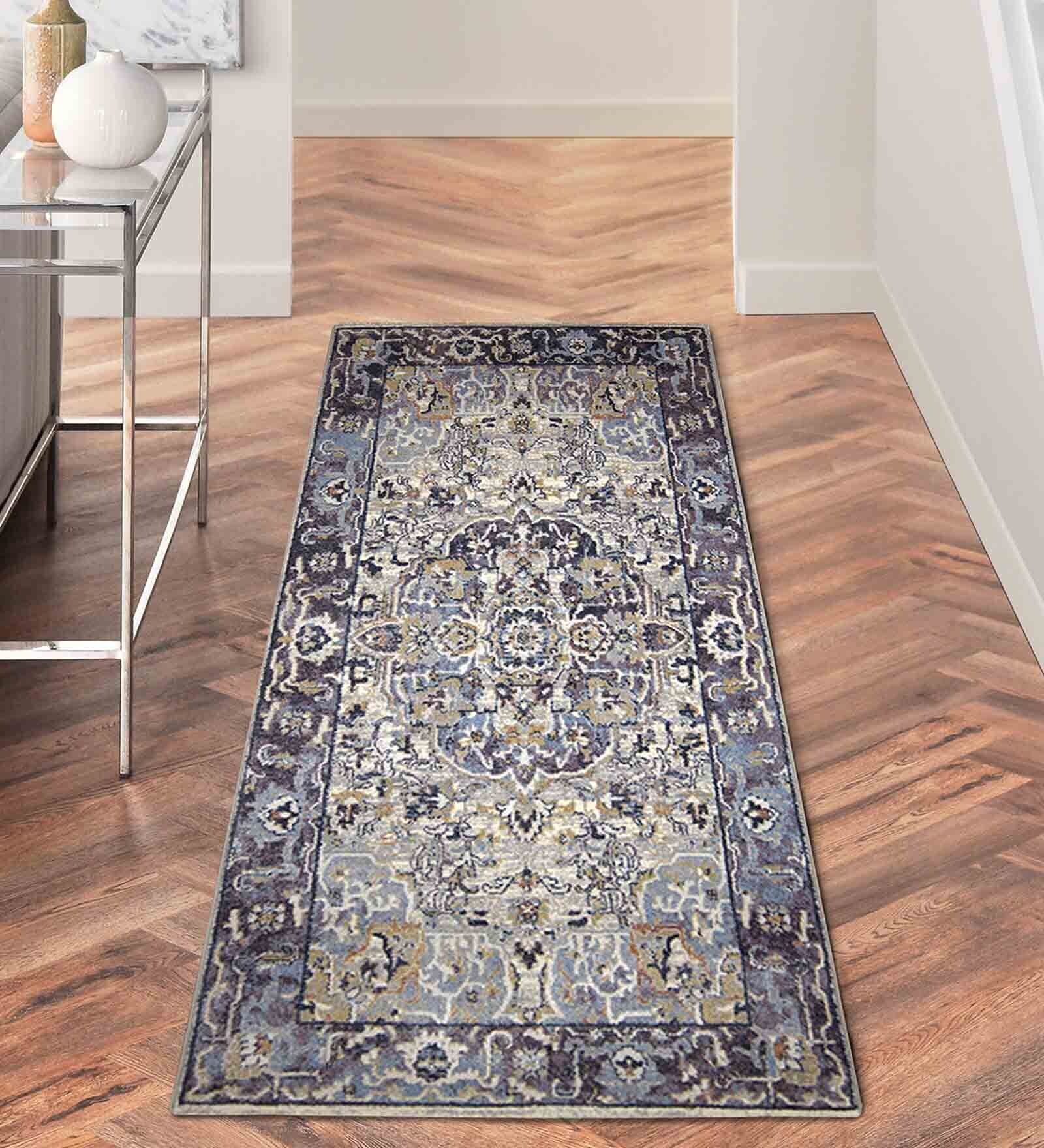 Purple Abstract Polyester 59x32 Inches Machine Made Floor Runner