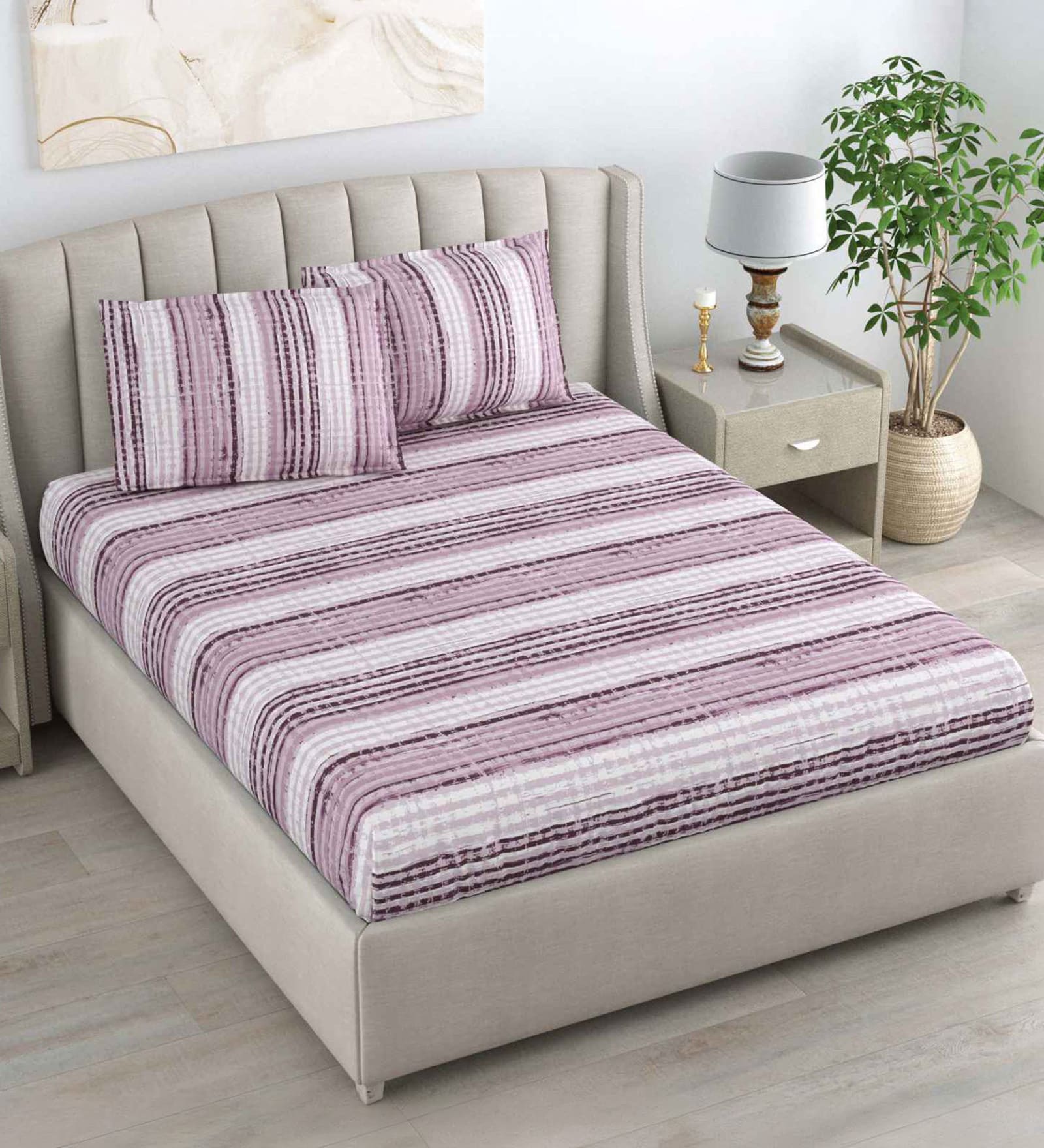 Purple Bedsheet 220 Tc Cotton Queen Bedsheet With 2 Pillow Covers