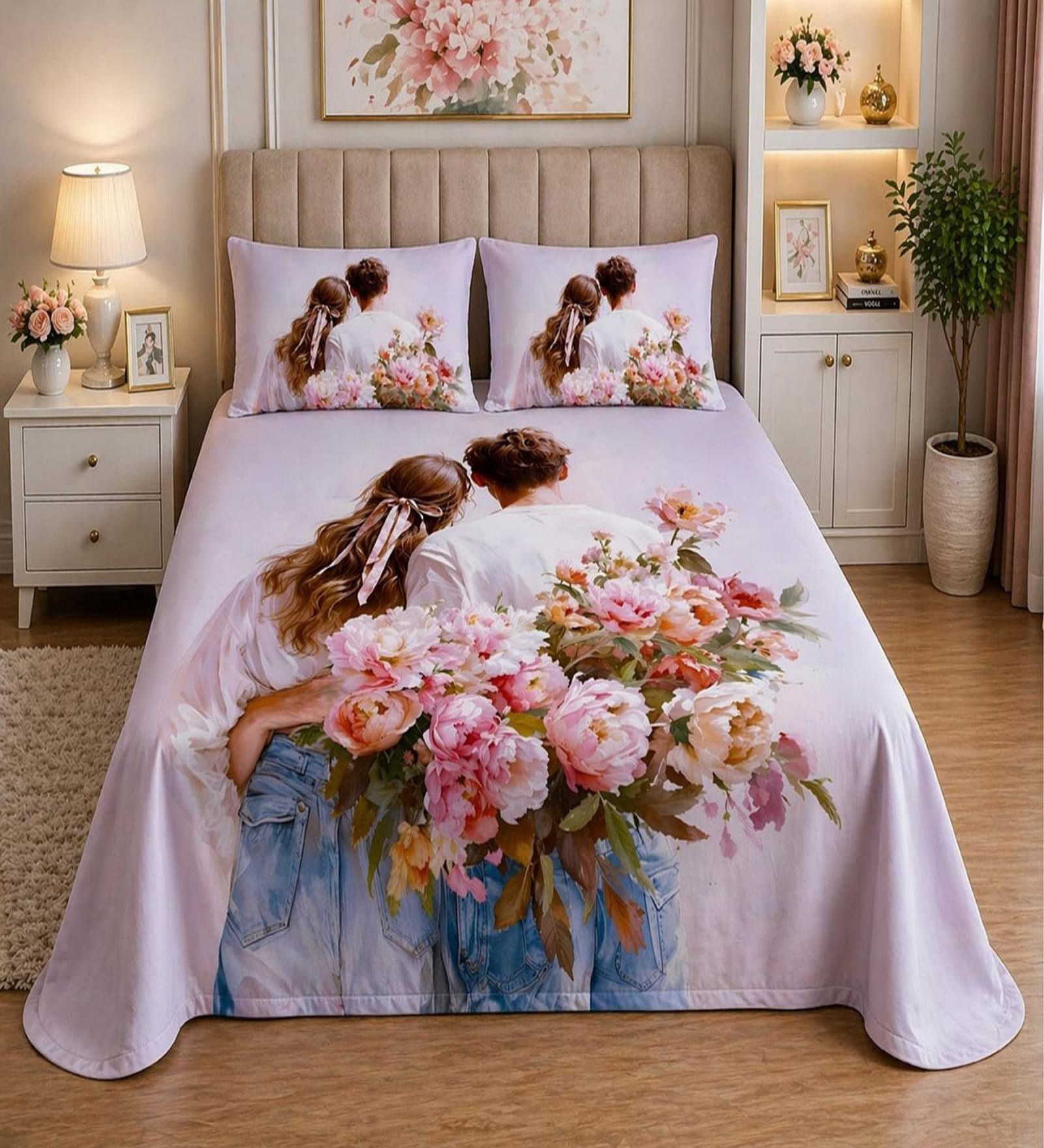 Pink 7D Digital Printed Couple Queen Size Bedsheet Sheet with 2 Matching Pillow Covers