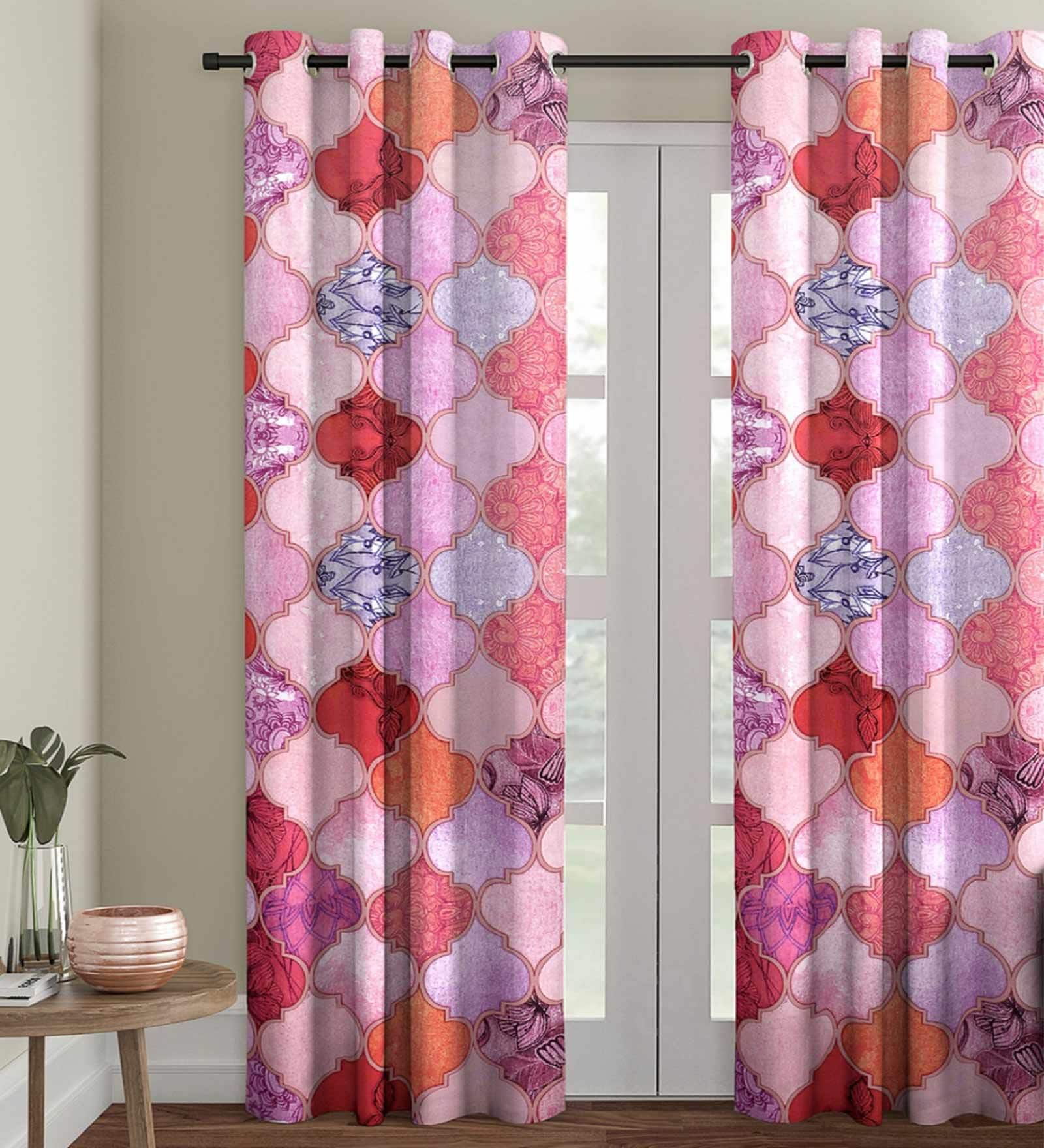 Purple Polyester Velvet Geometric 7FT Light Filtering Eyelet Door Curtains (Pack of 1)