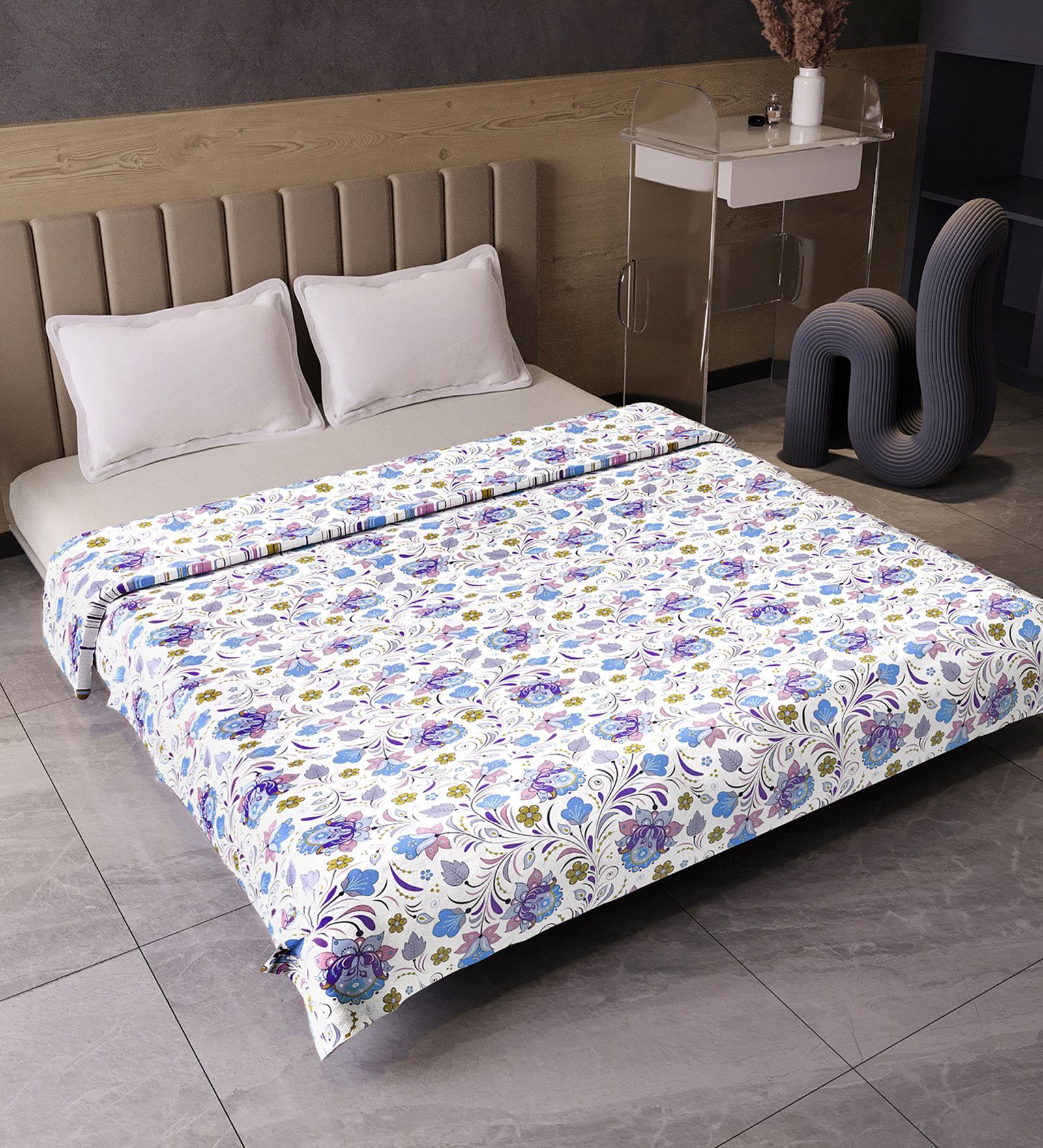 Purple Blue Cotton Floral 120 Gsm Double Dohar