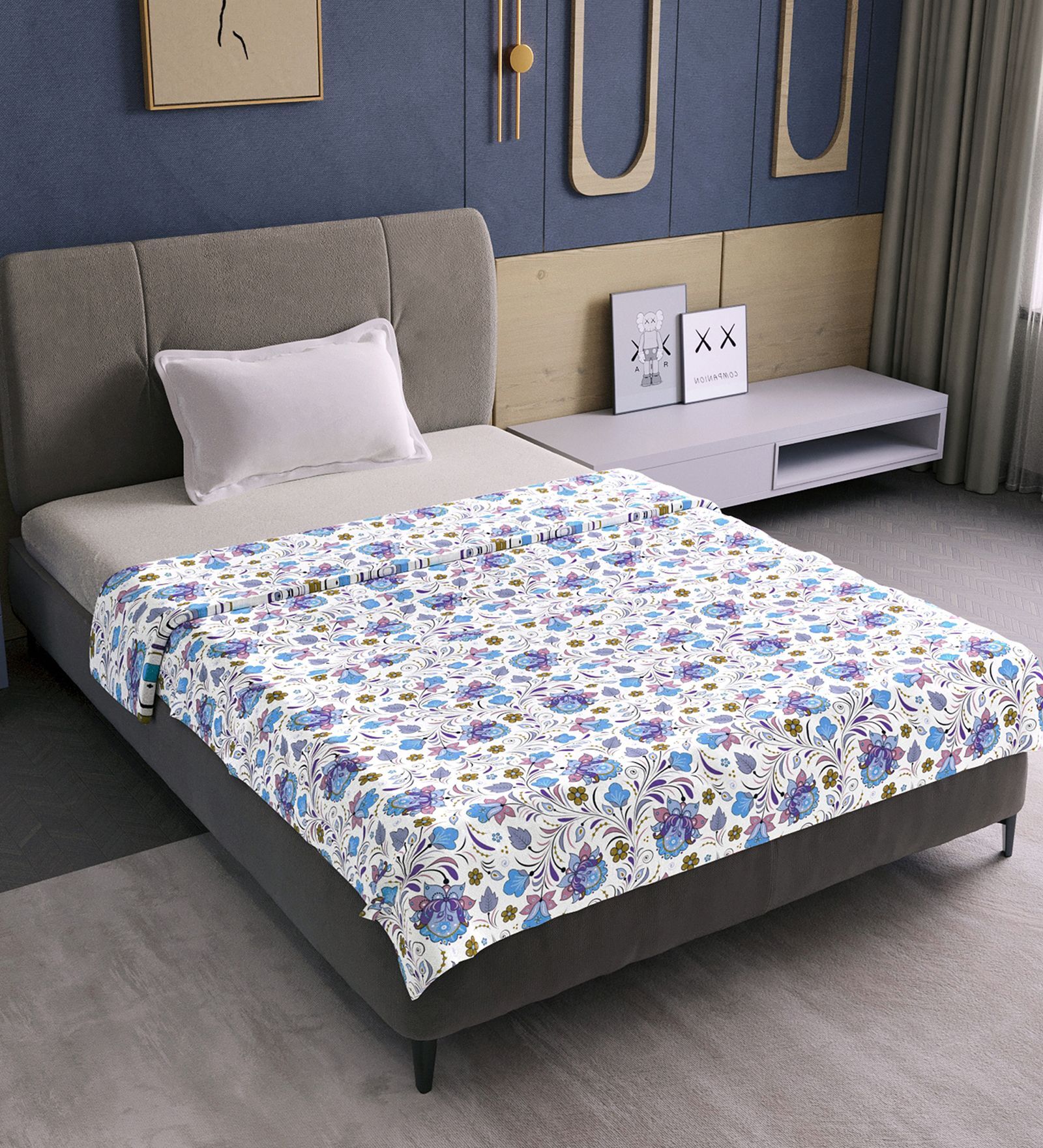 Purple Blue Cotton Floral 120 Gsm Single Dohar