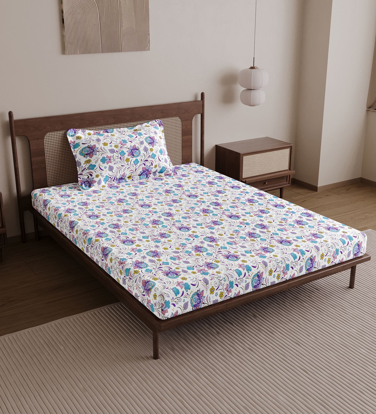 Purple Blue Floral 144 Tc Cotton Single Bedsheet With Pillowcover