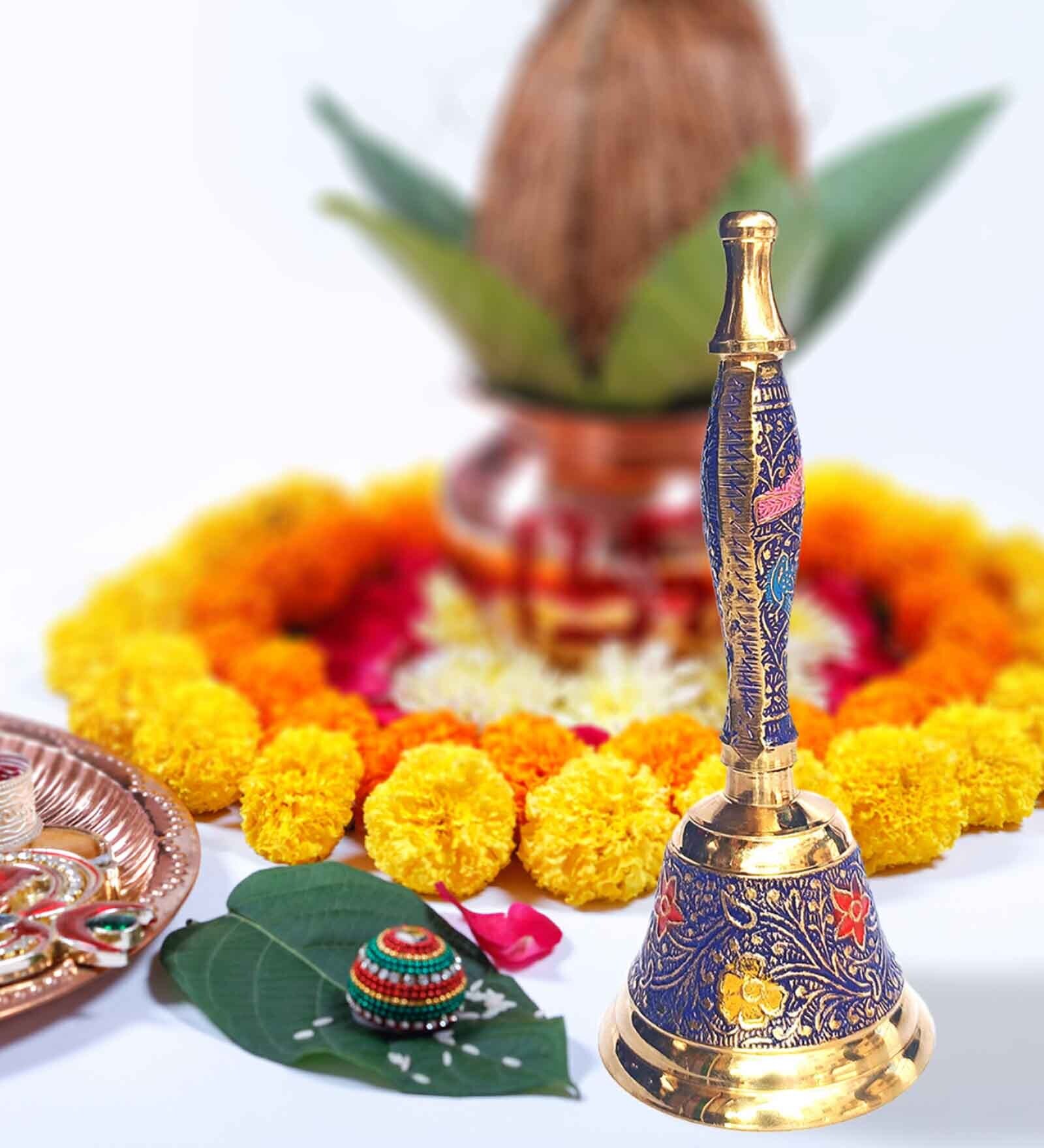 Purple Brass Meenkari Work Bell with Handle