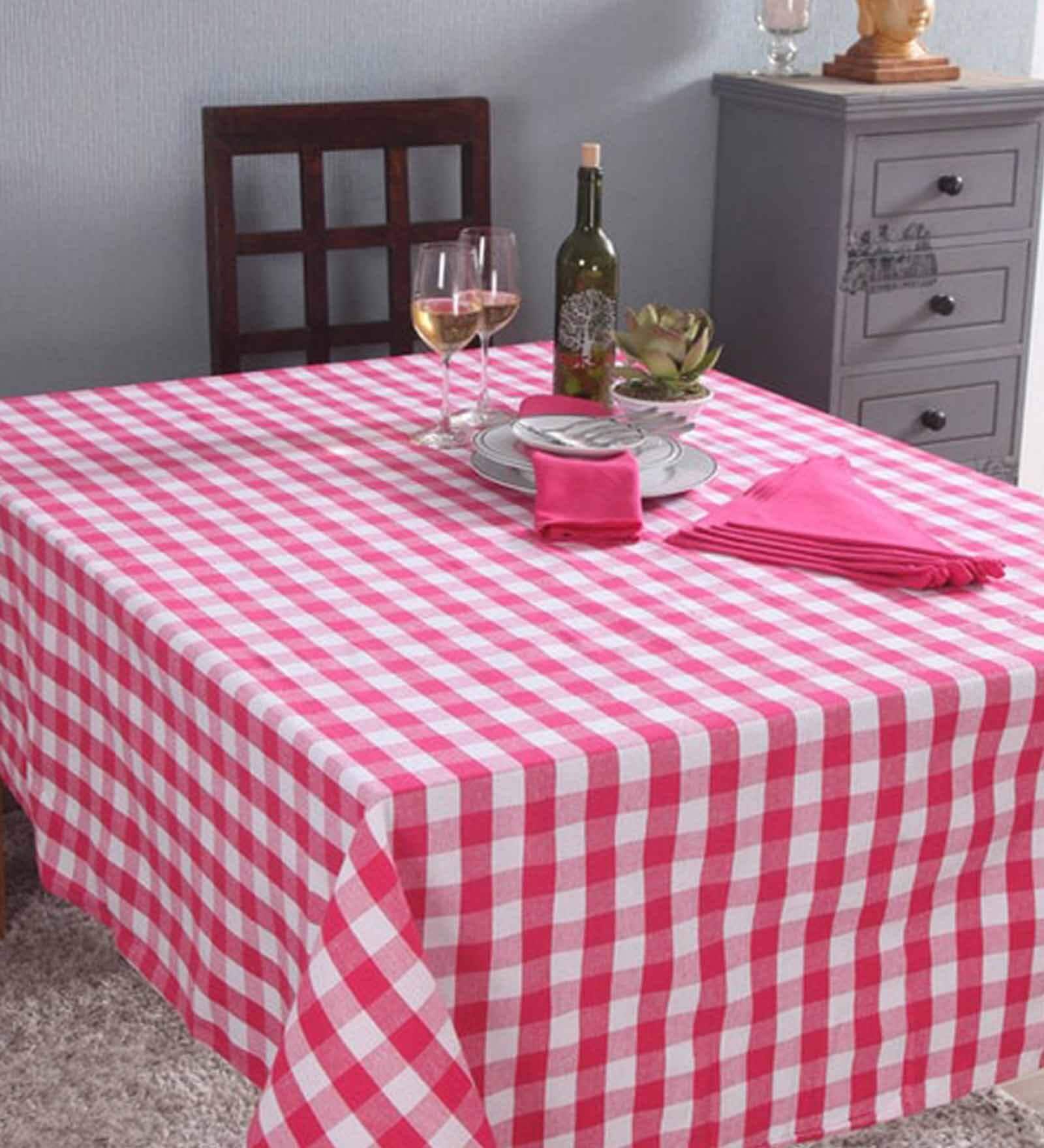 Buy Pink Checkered Cotton 7 Pcs Table Linen Set by Lushomes Online
