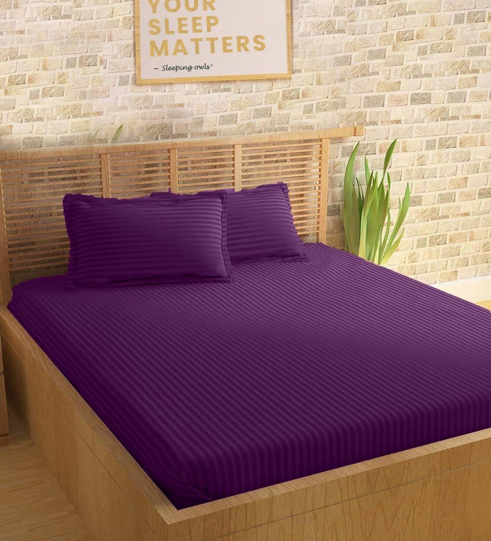 Purple 210TC Cotton stripe 1 Super King Bedsheet with 2 Pillow Covers