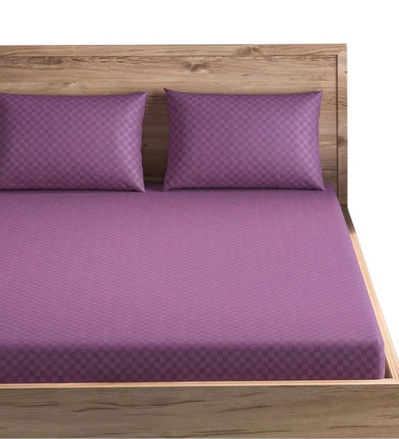 Purple Cotton Jacquard 300TC checked Super King Bedsheet with 2 Pillow Covers