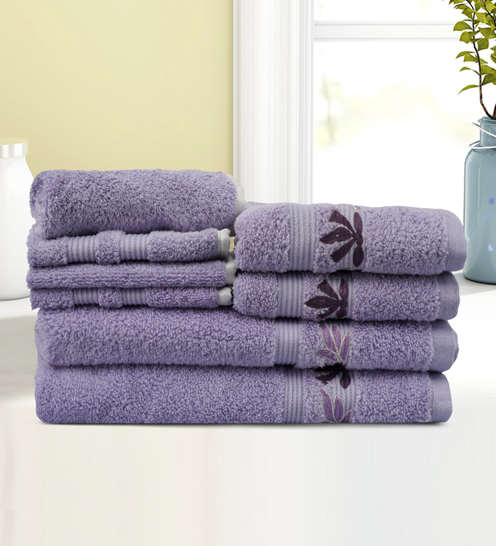 Buy Purple Cotton Patterned 500 GSM Towel Set 8 Pieces by Lush & Beyond ...