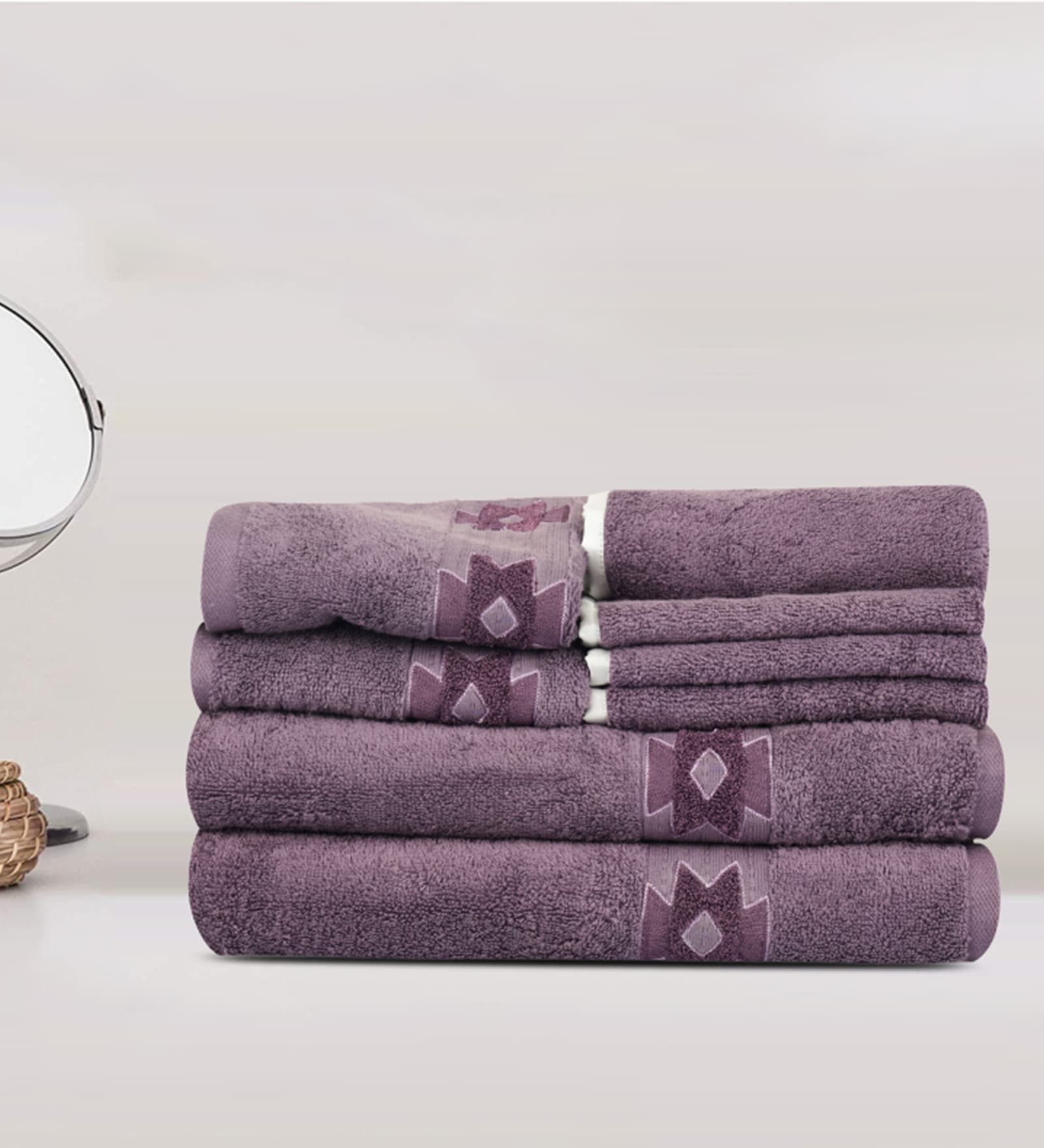 Purple Cotton Patterned 500 GSM Towel Set 8 Pieces