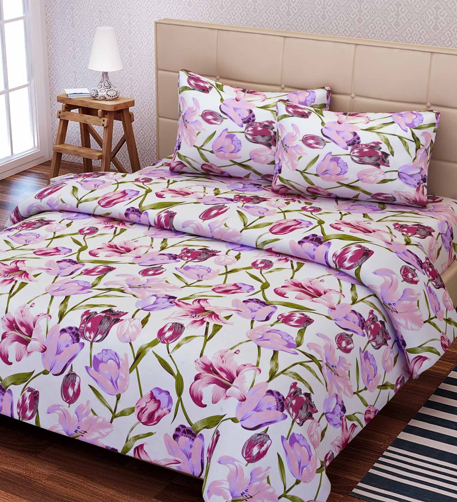 Buy Essentials Floral Pattern 144TC Cotton Queen Size Bed Sheet with 2