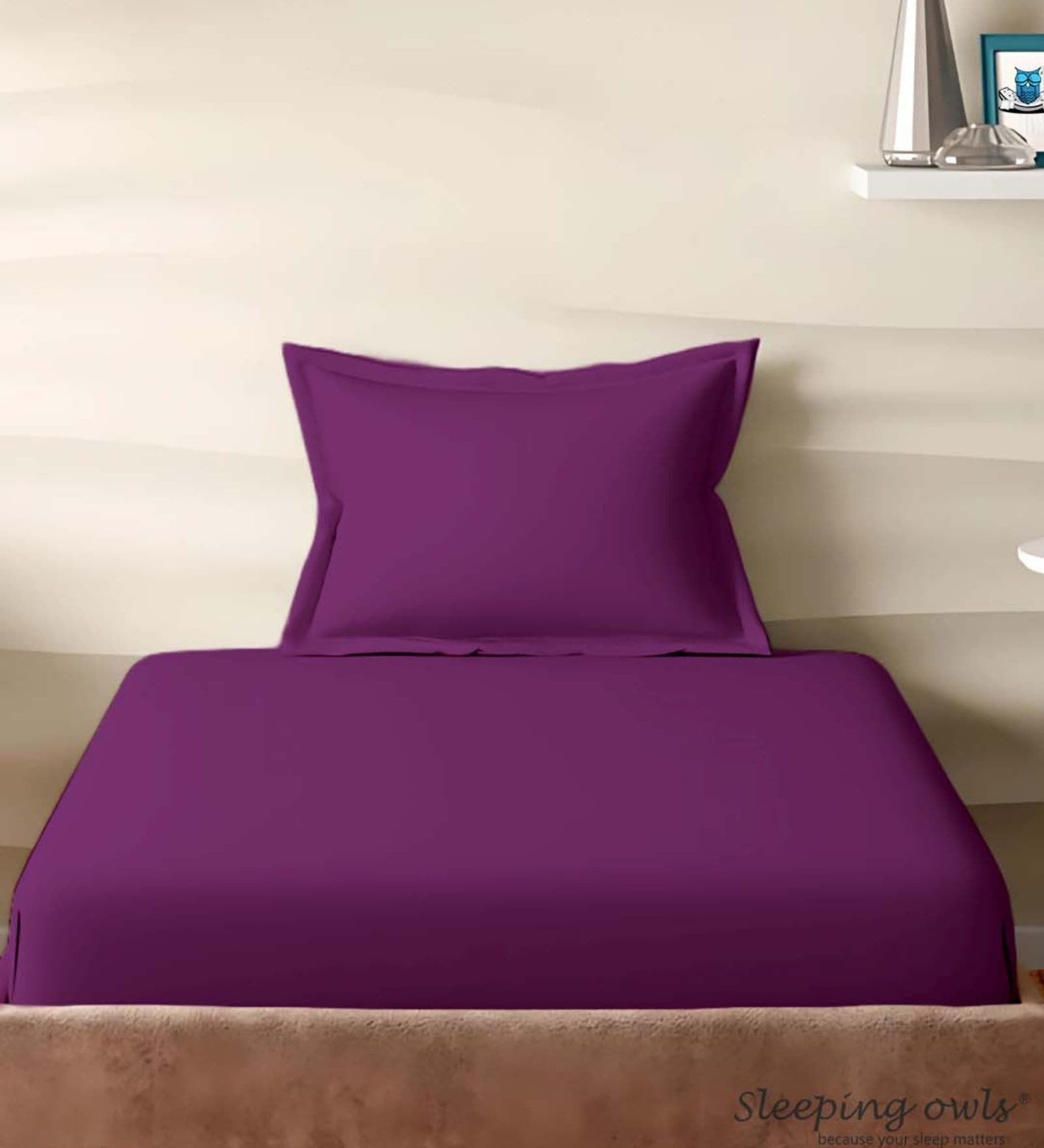 Purple Cotton Solid 210TC Plain Single Bedsheet with 1 Pillow Cover