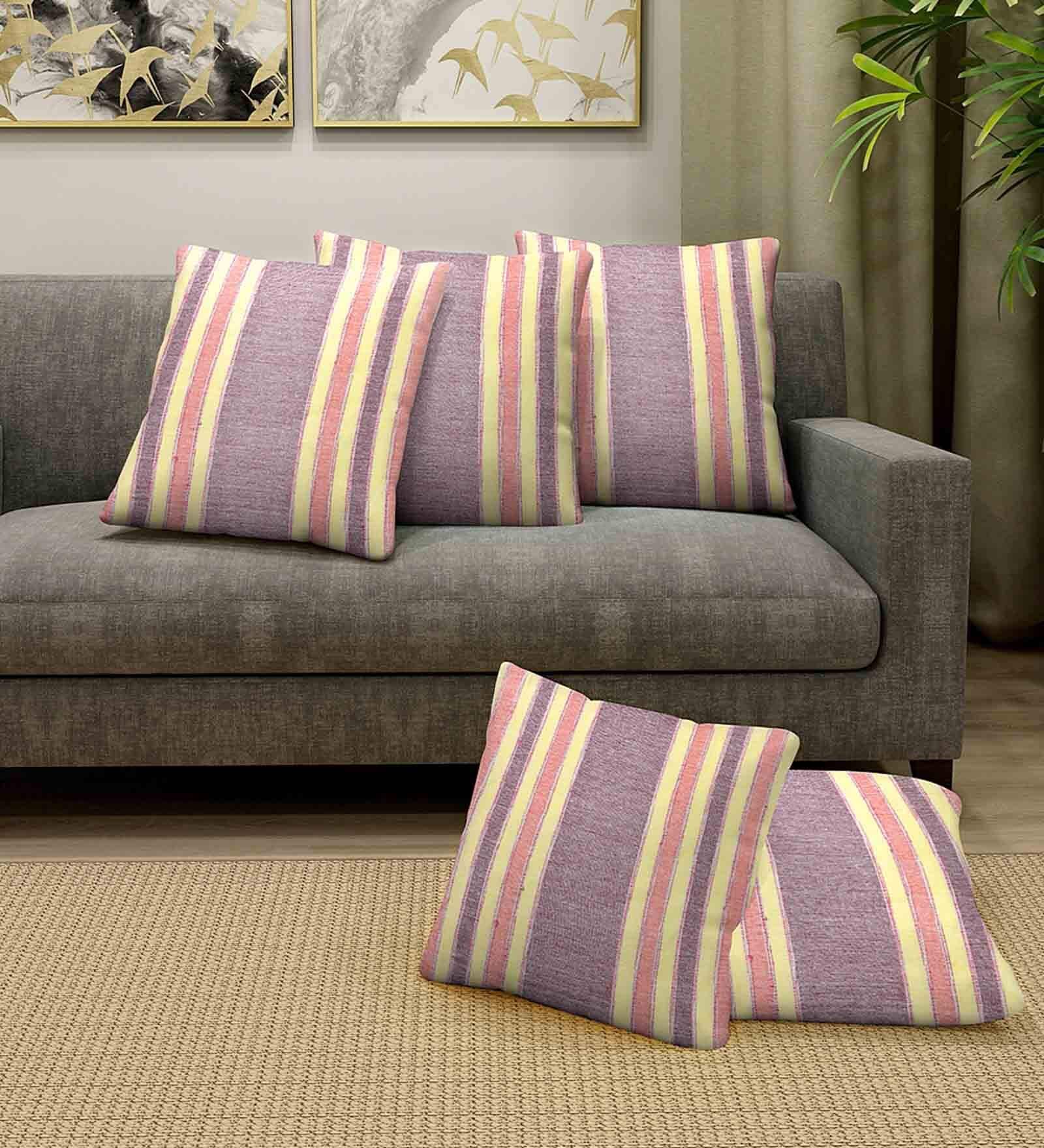 Purple Cotton Striped 14 x 14 inch Set of 5 Cushion Covers