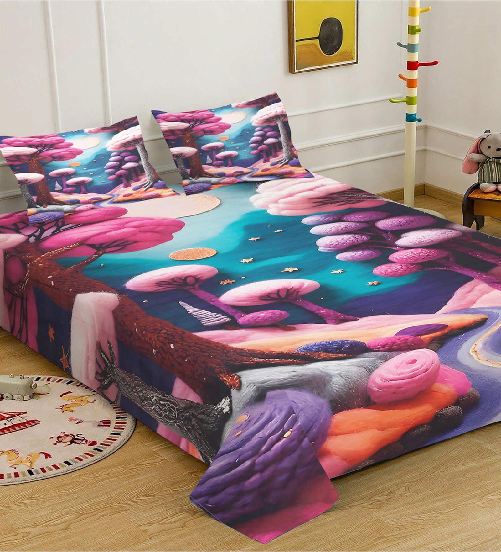 Purple Digital Floral Printed Cotton Blend Double Bedsheet with 2 Pillow Covers