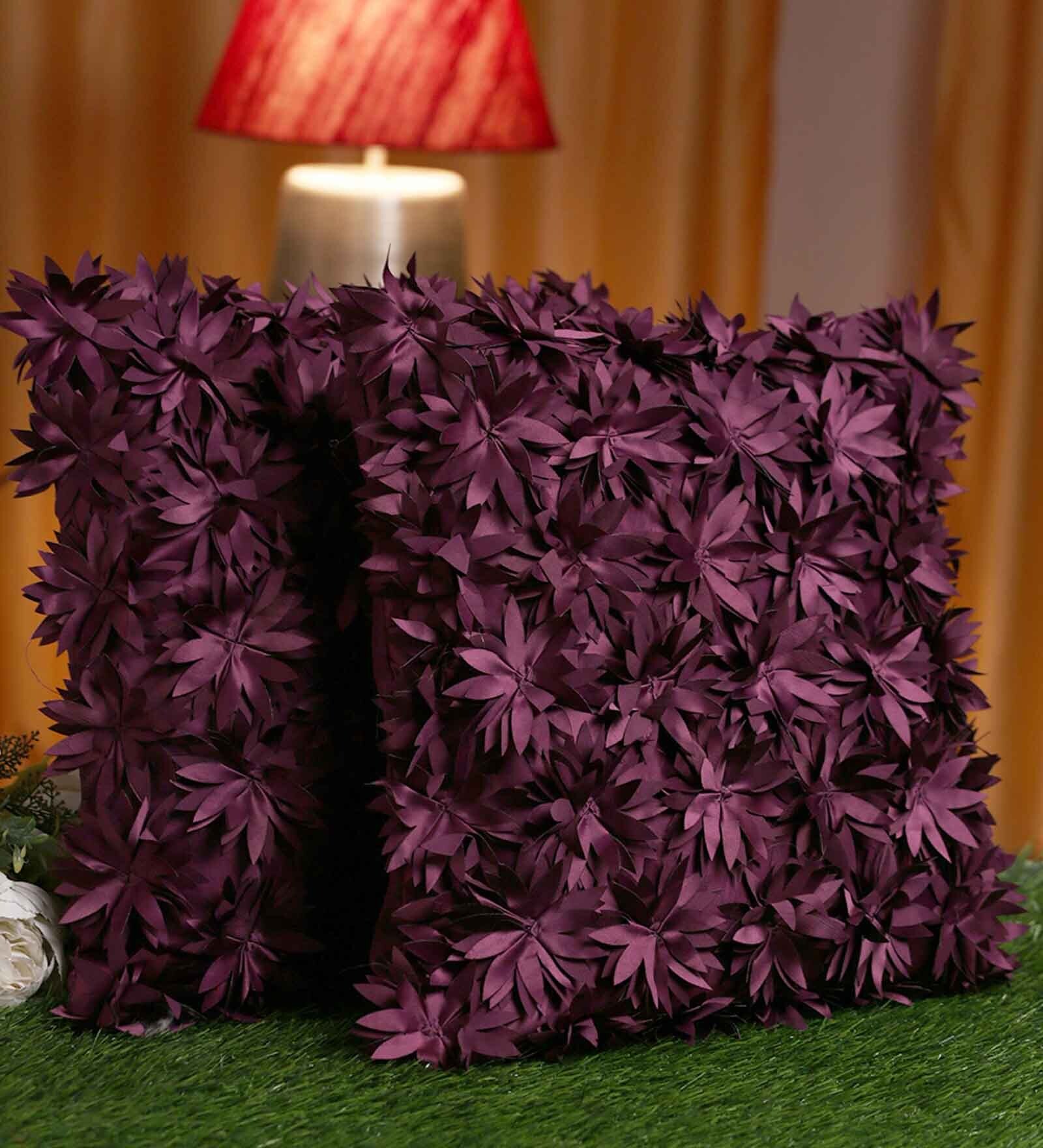 Purple Embroidered Polyester 16X16 Inches Cushion Cover (Set of 2)