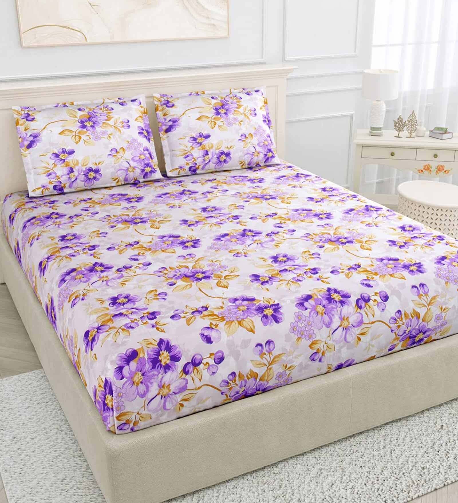 Buy Purple Floral 144 TC Cotton Queen Sized Bed Sheets with 2 Pillow ...