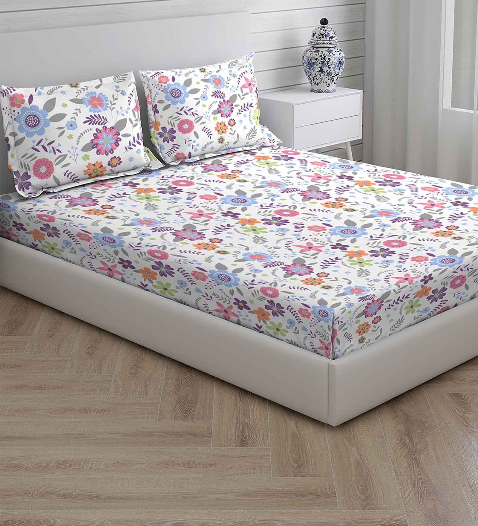 Purple Floral 146 TC Cotton King Sized Bed Sheets with 2 Pillow Covers