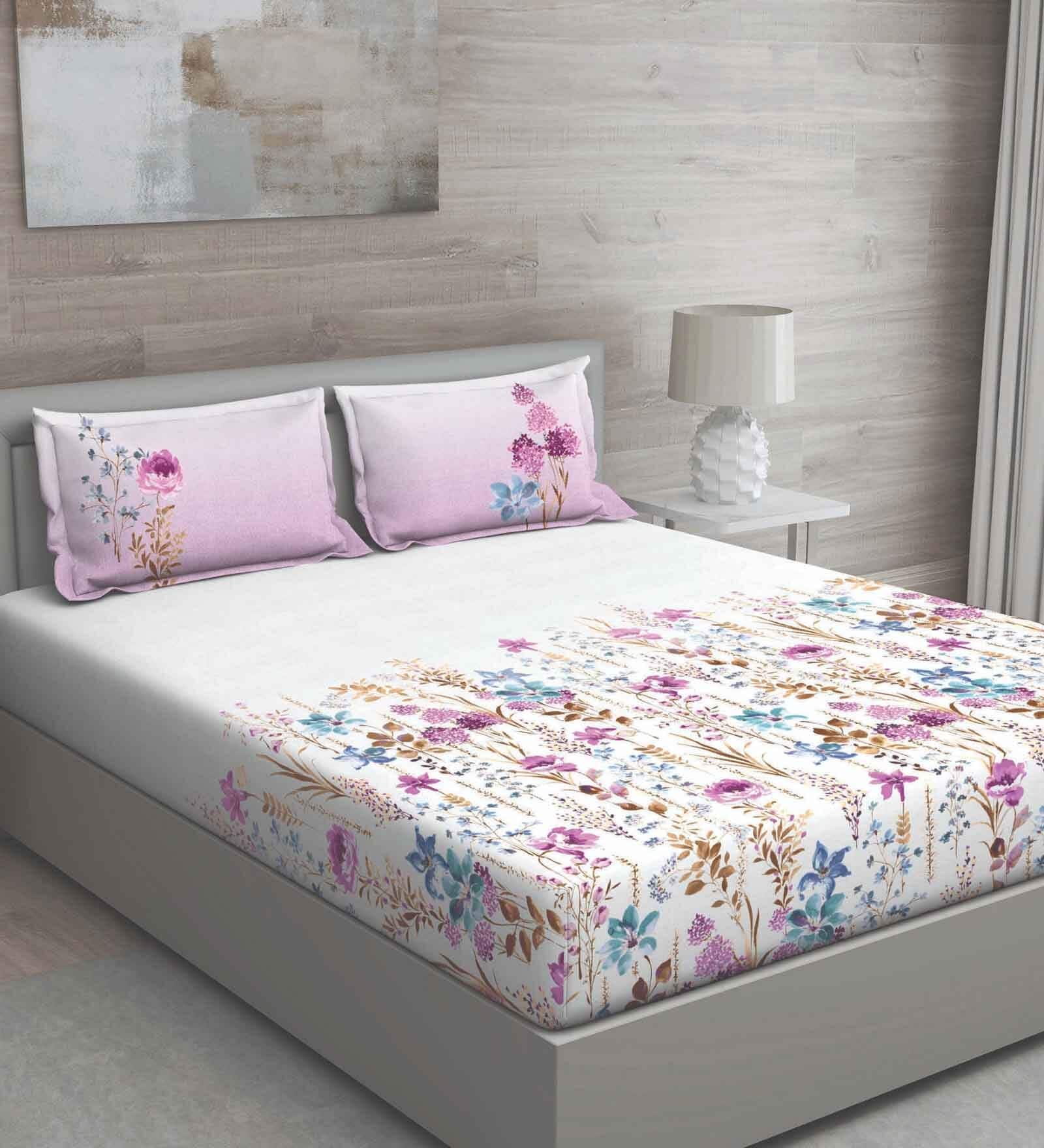 Purple Floral 150 TC Cotton Queen Sized Bed Sheets with 2 Pillow Covers