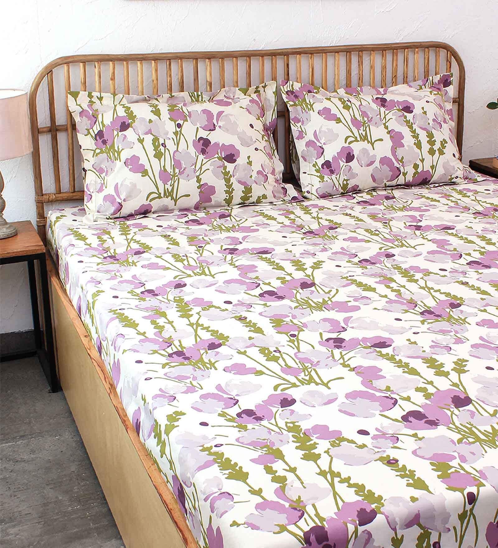 Purple Floral 180 TC Cotton 1 King Bedsheet with 2 Pillow Covers
