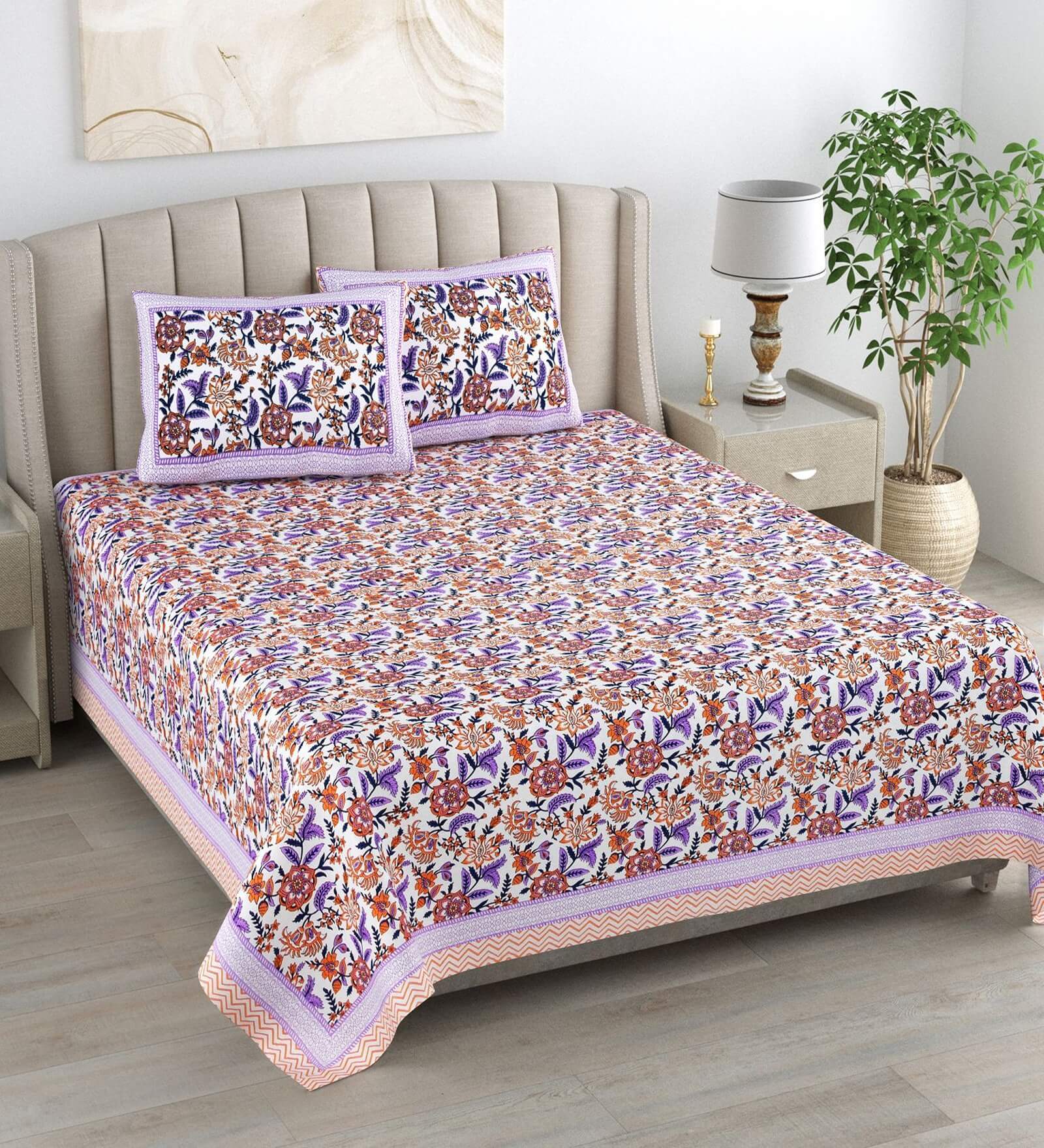 Purple Floral 180 TC Cotton King Size Bedsheet With 2 Pillow Cover