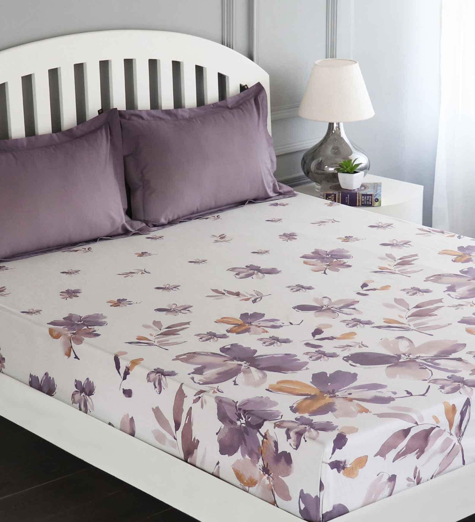 Purple Floral 180 TC Cotton King Sized Bed Sheets with 2 Pillow Covers