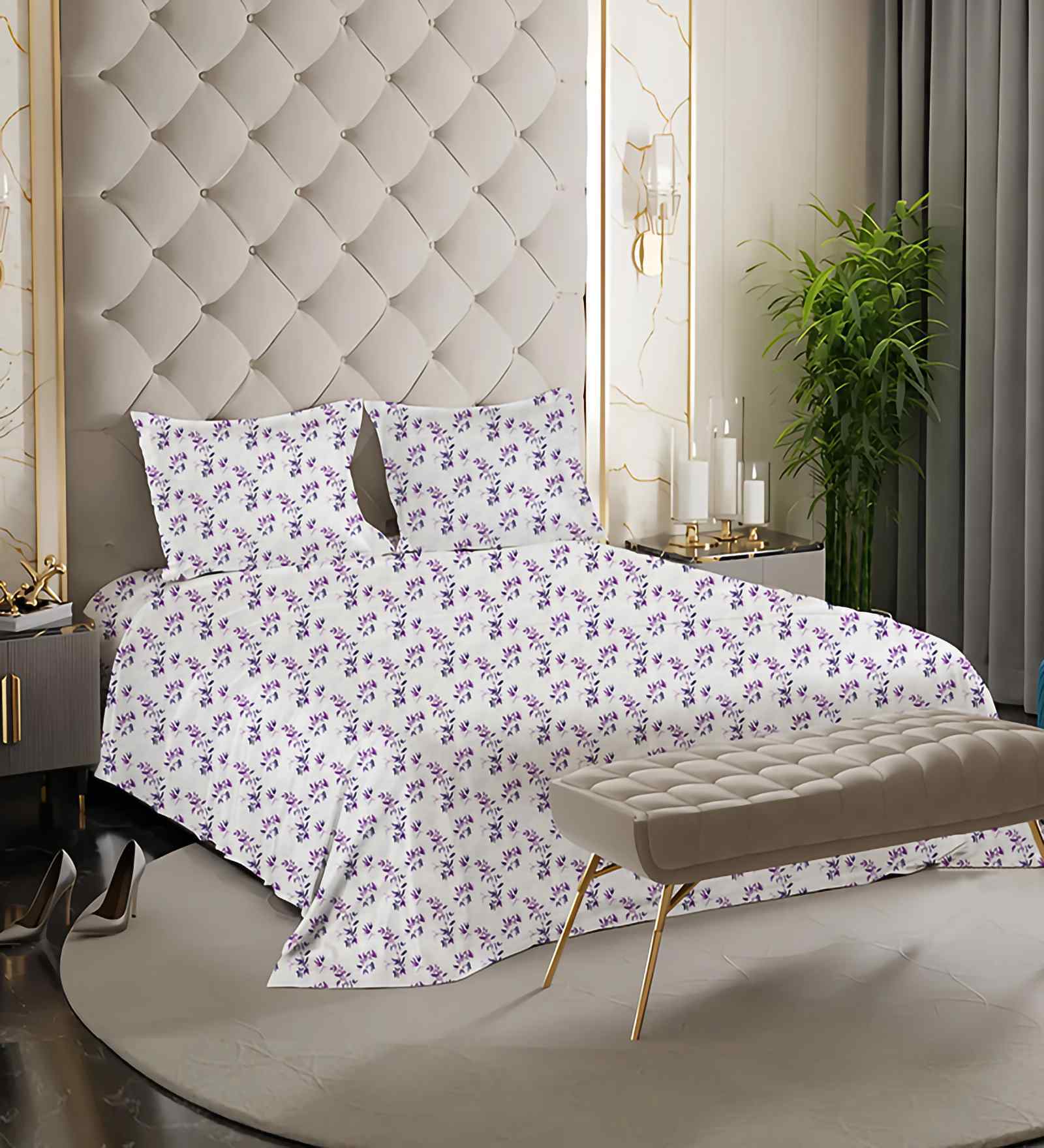 Purple Floral 180 TC Cotton King Sized Double Bedsheet with 2 Pillow Covers
