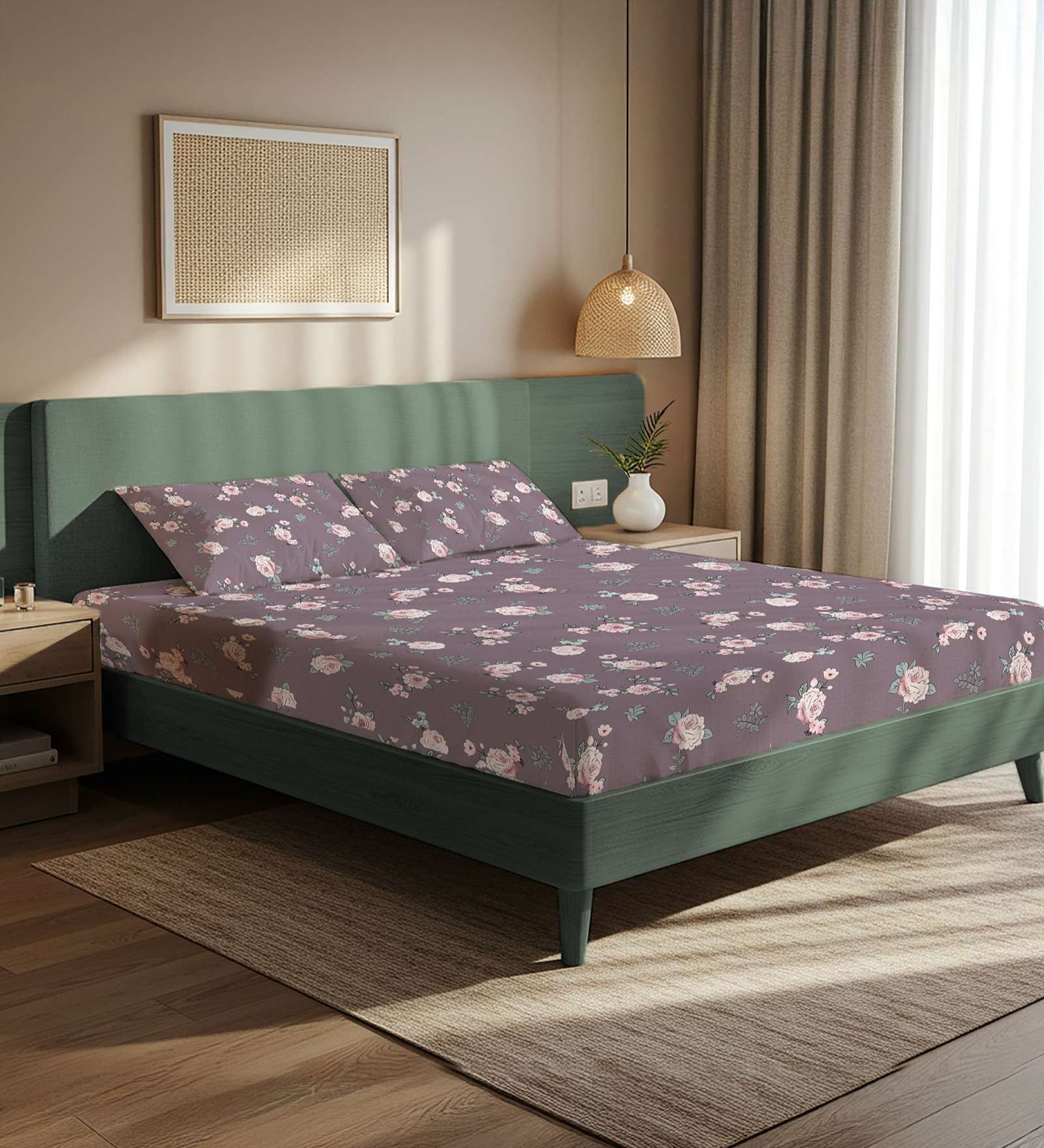 Purple Floral 200 TC Microfiber Double Bedsheet with 2 Pillow Covers