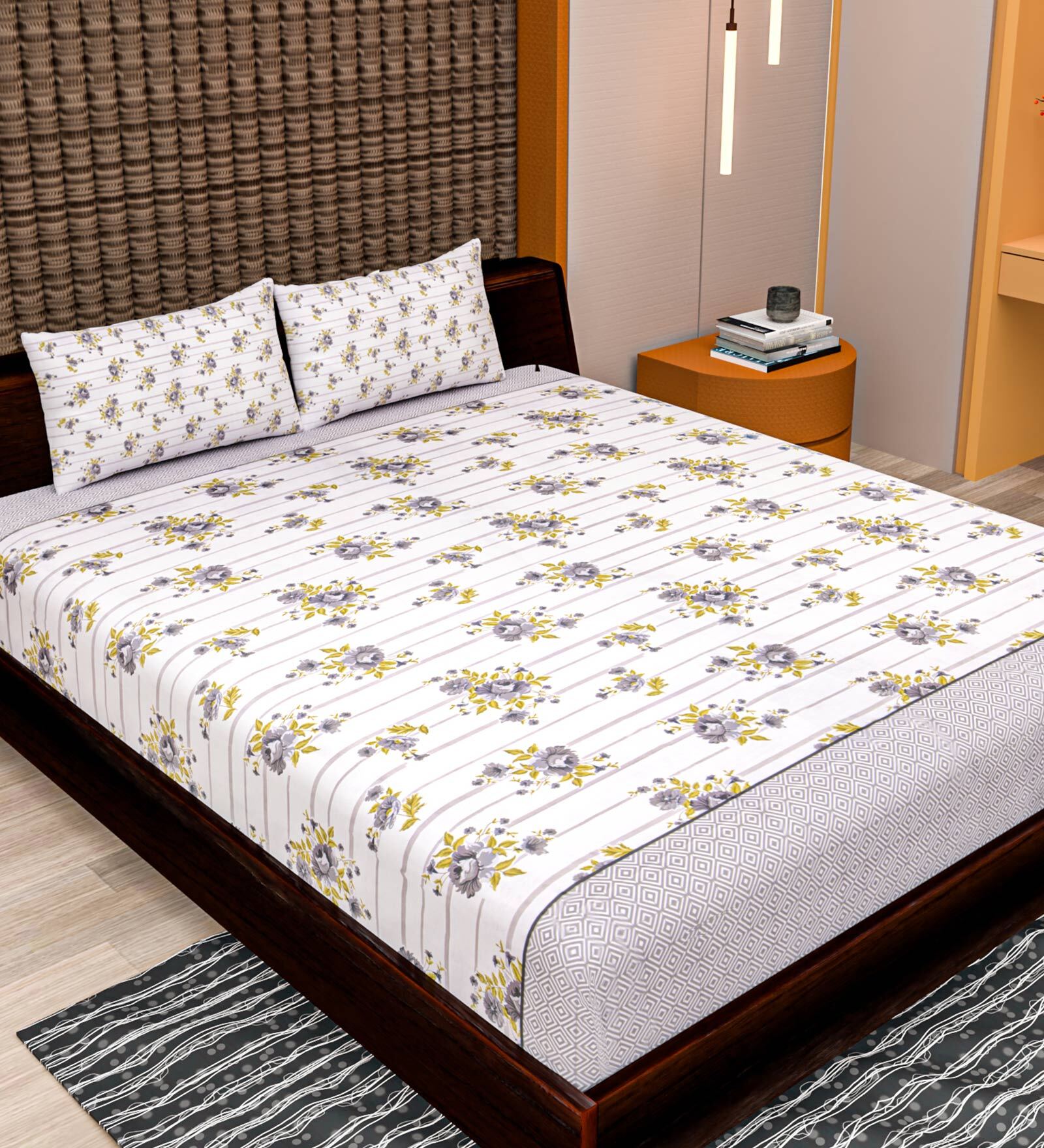 Purple Floral 240 TC Cotton King Sized Bed Sheets with 2 Pillow Covers