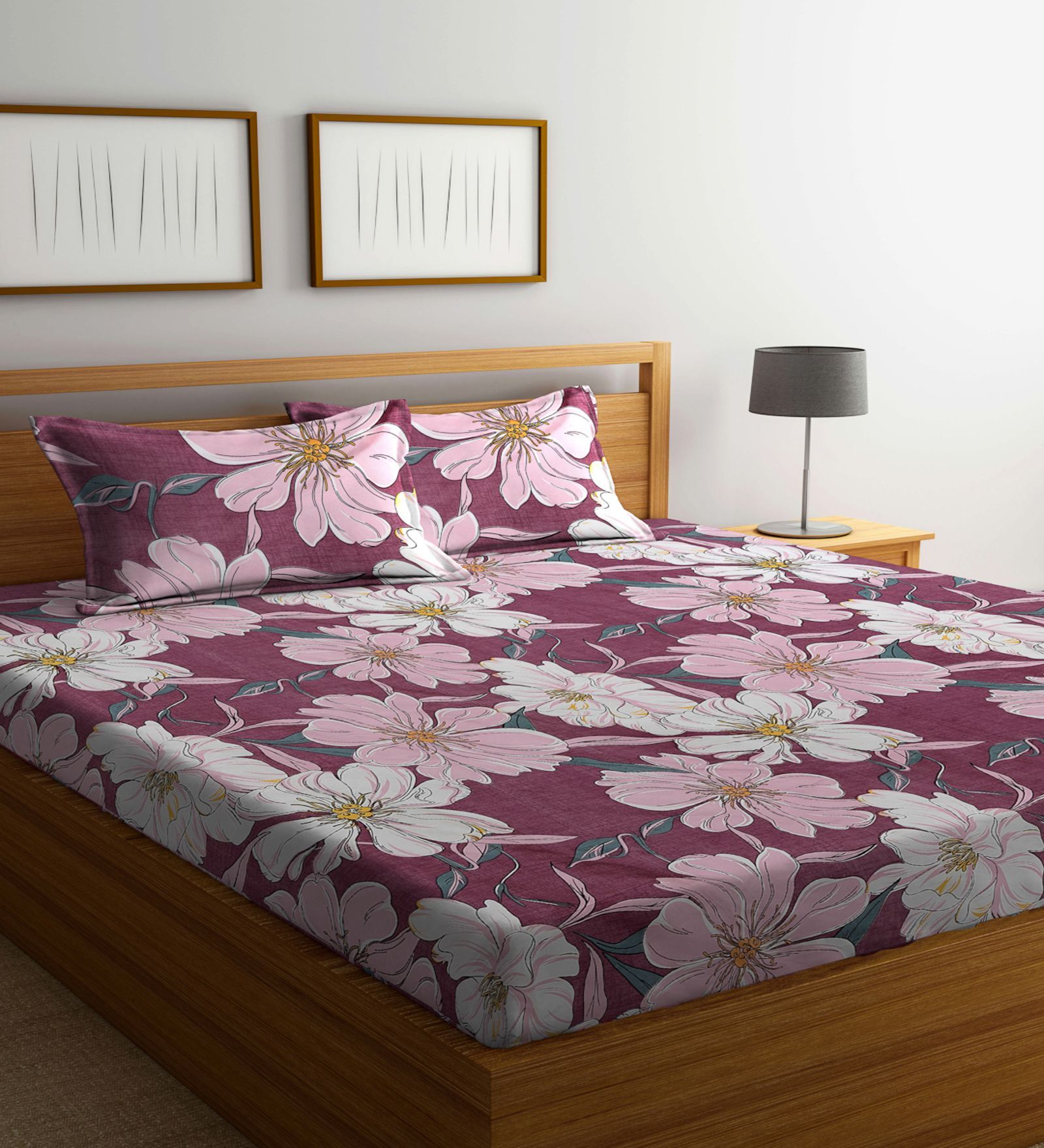 Buy Purple Floral 300 Tc Cotton Blend Double Queen Size Bedsheet With 2 Pillow Covers By 8461