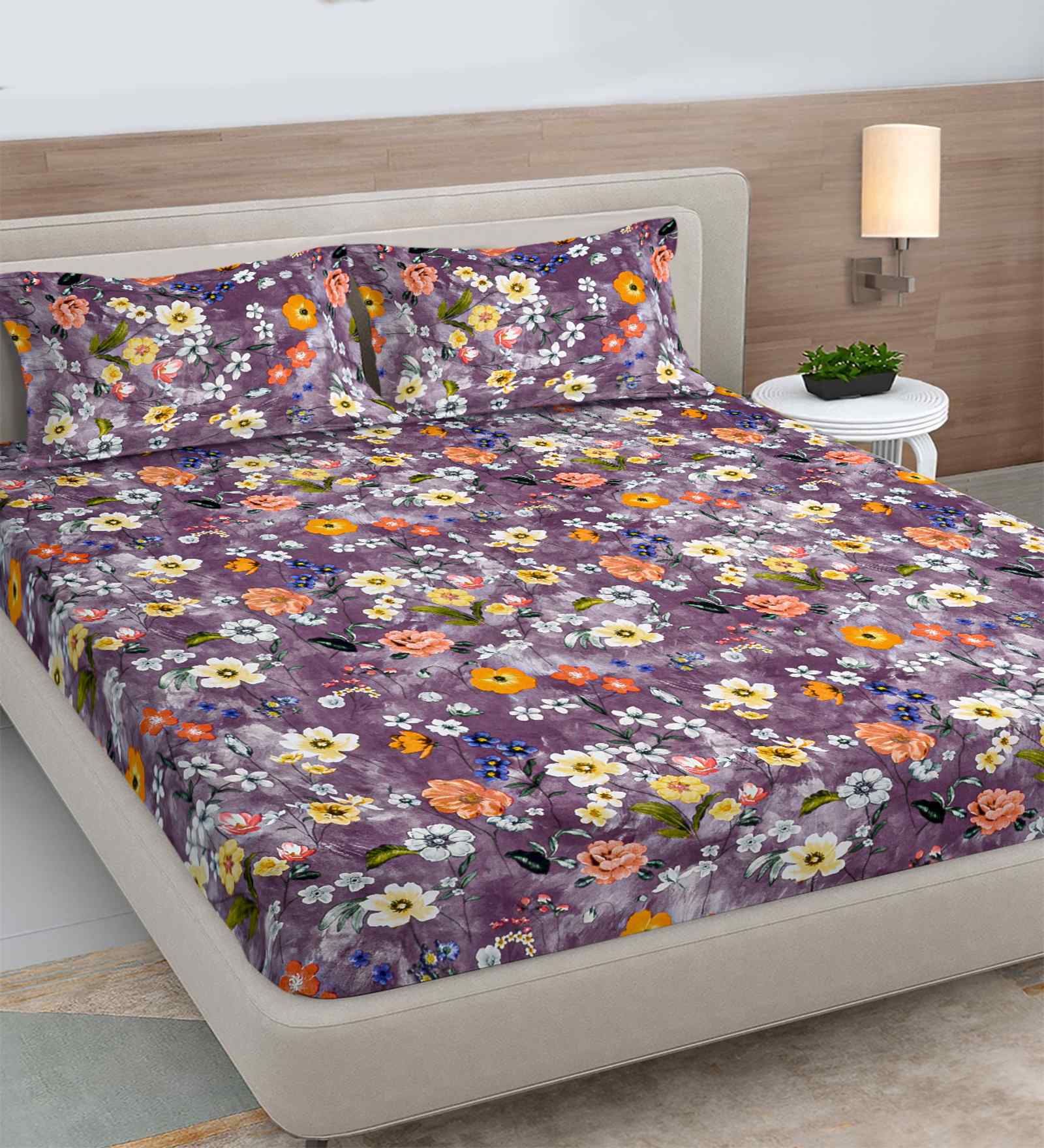 Purple Floral 300 TC Cotton Blend King Size Double Bedsheet with 2 Pillow Covers