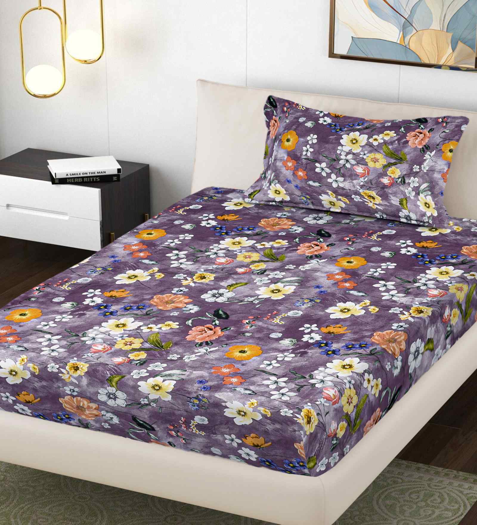 Purple Floral 300 TC Cotton Blend Single Bedsheet with 1 Pillow Cover