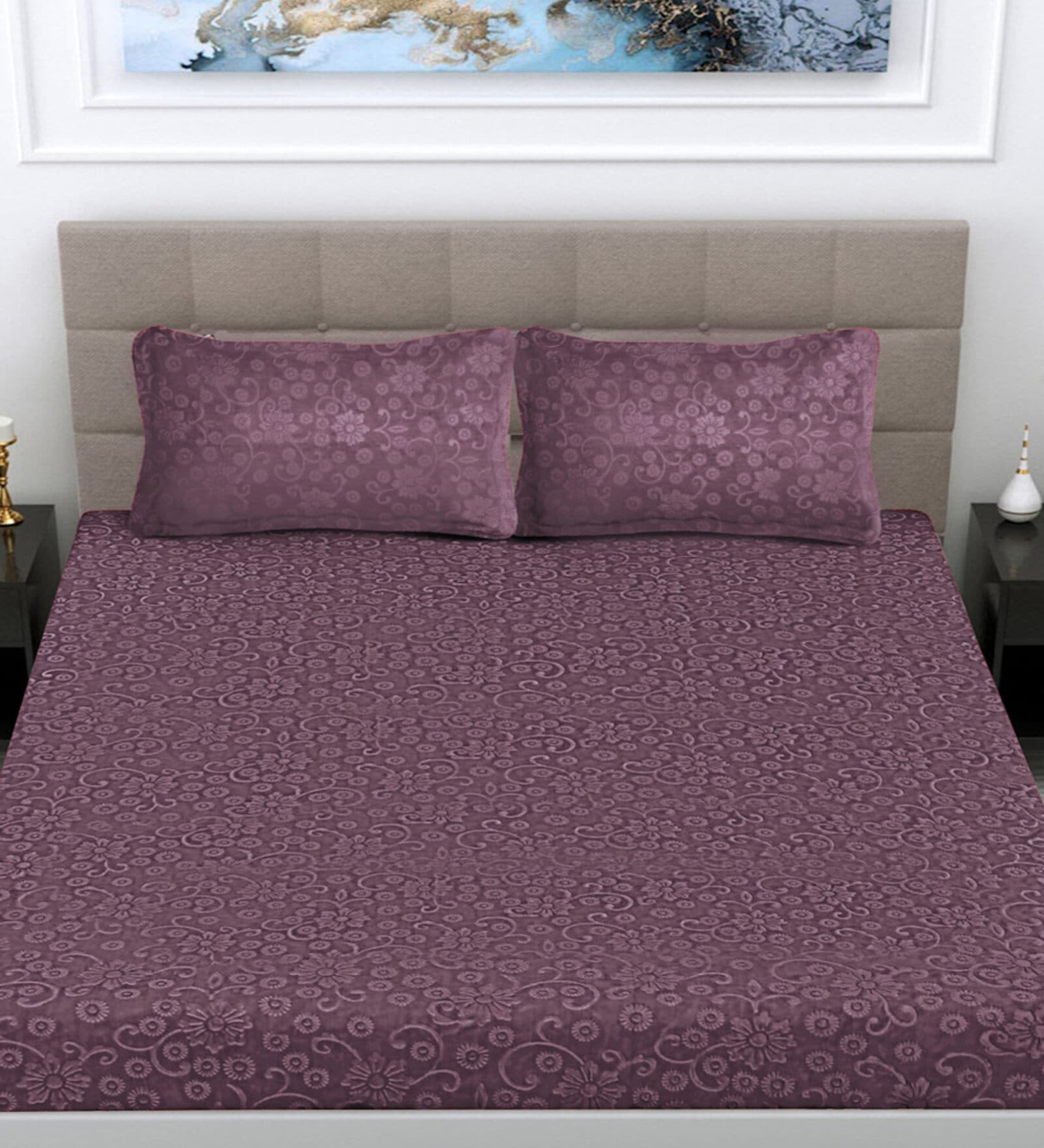 Buy Purple Floral 300 TC Woollen Woollen Fitted Double Bedsheet with 2