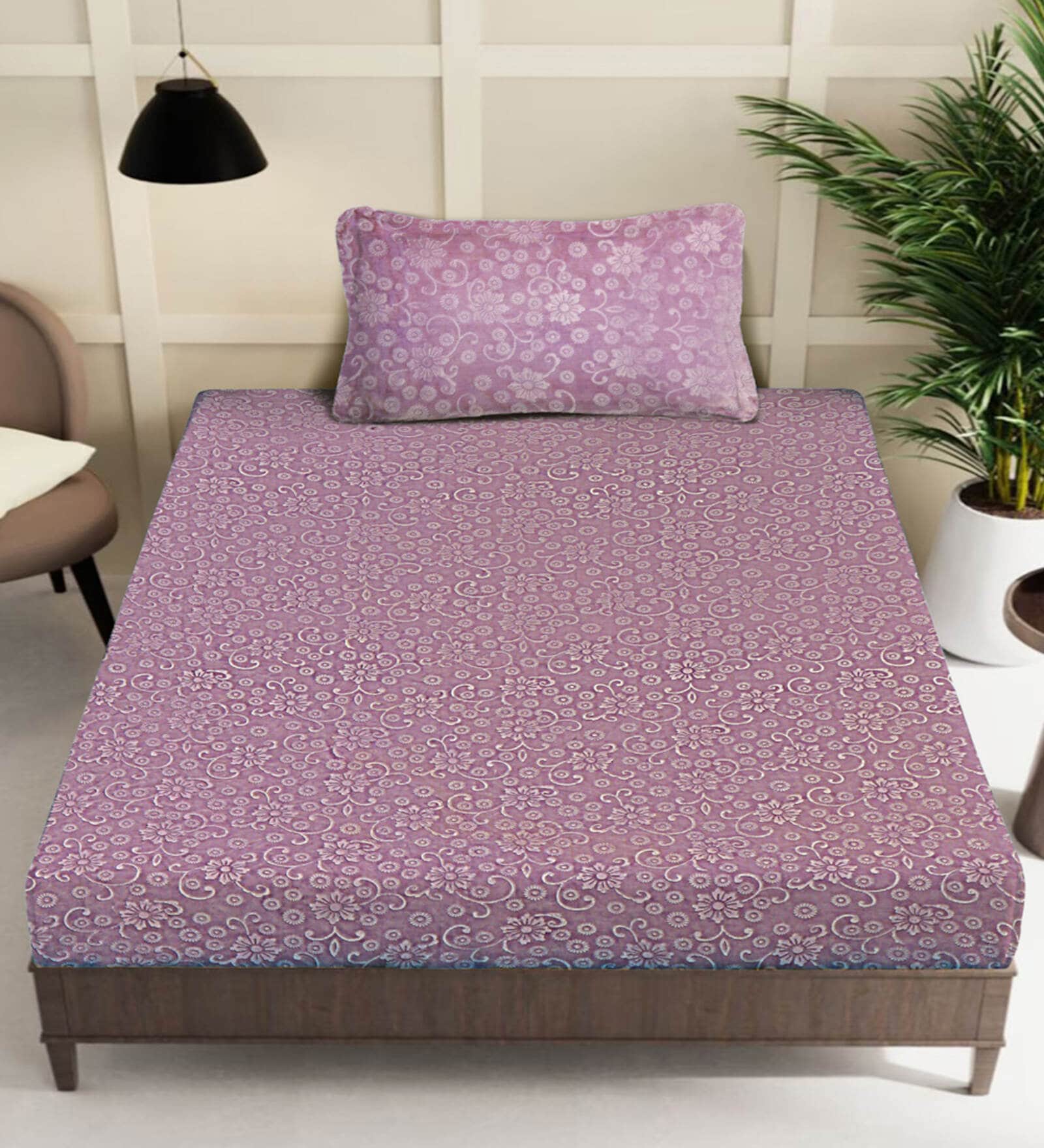 Purple Floral 300 TC Woollen Fitted Single Bedsheet with Pillow Cover