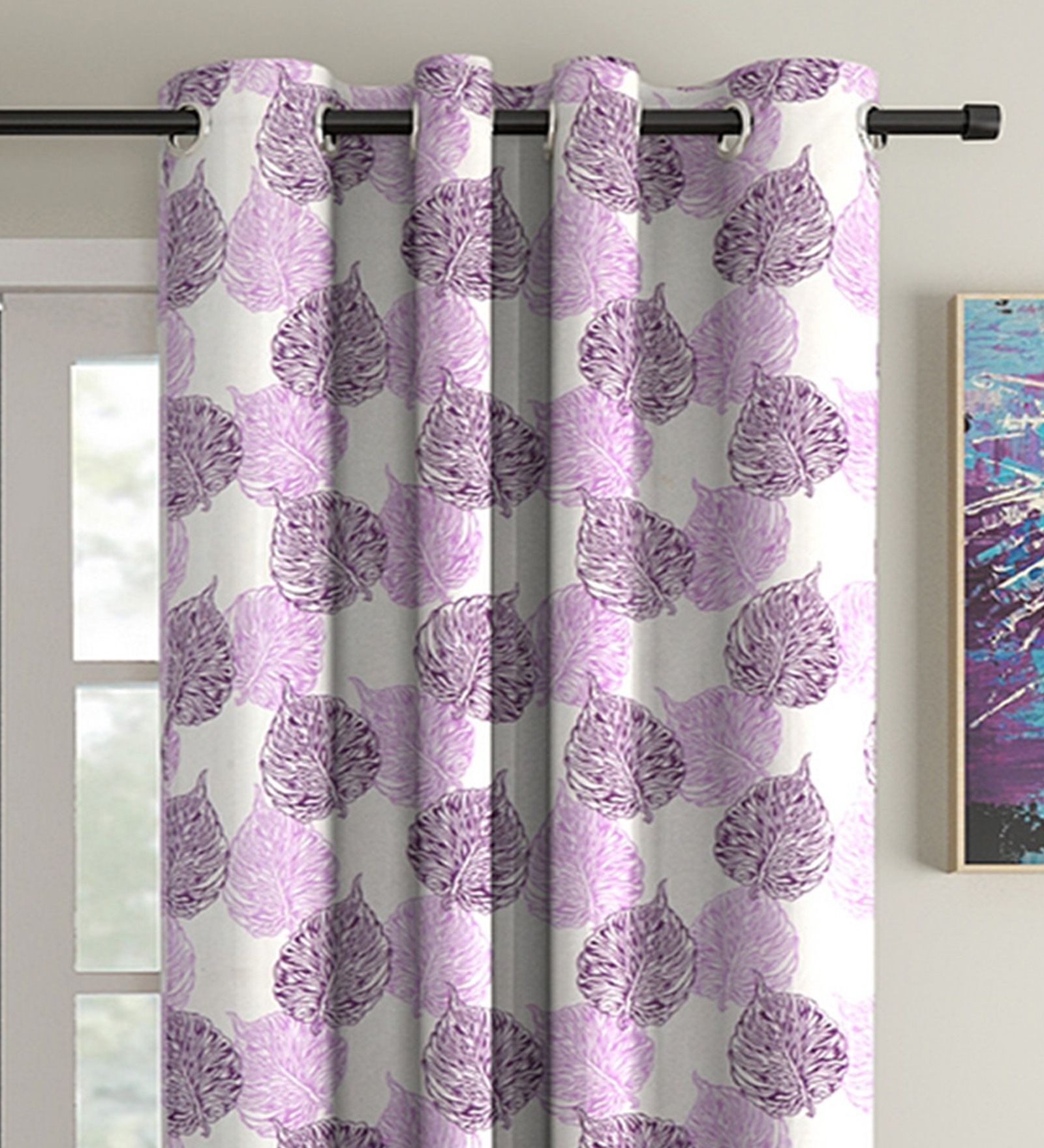 Purple Floral Polyester 5Ft Semisheer Eyelet Window Curtains (Set Of 2)