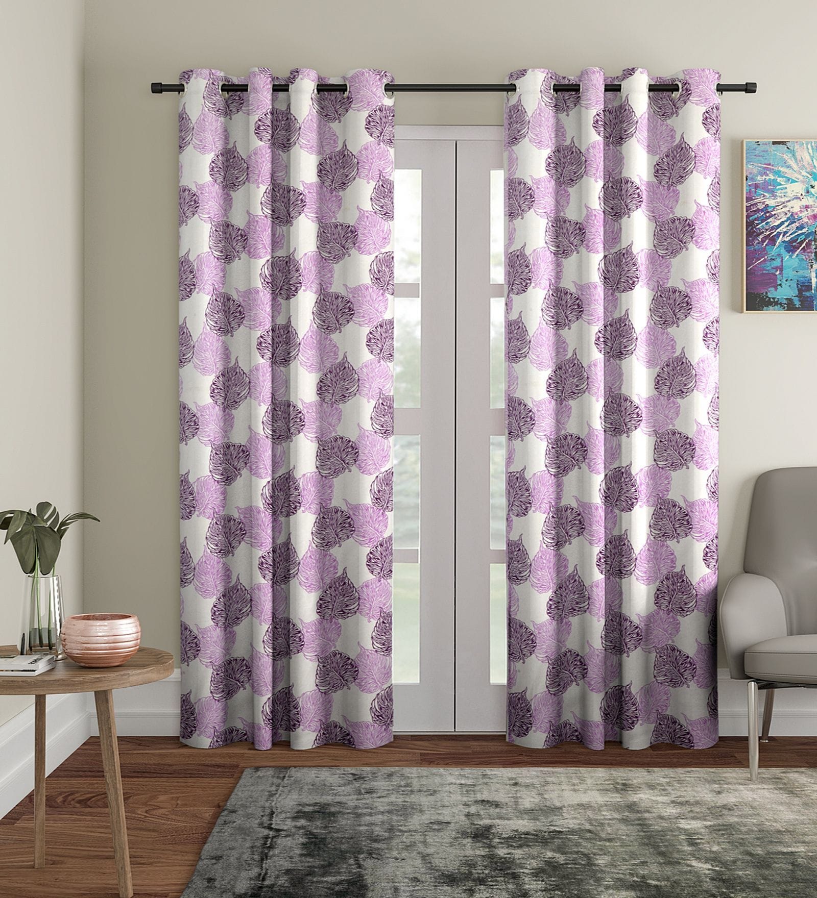 Purple Floral Polyester 7Ft Semisheer Eyelet Door Curtains (Set Of 2)