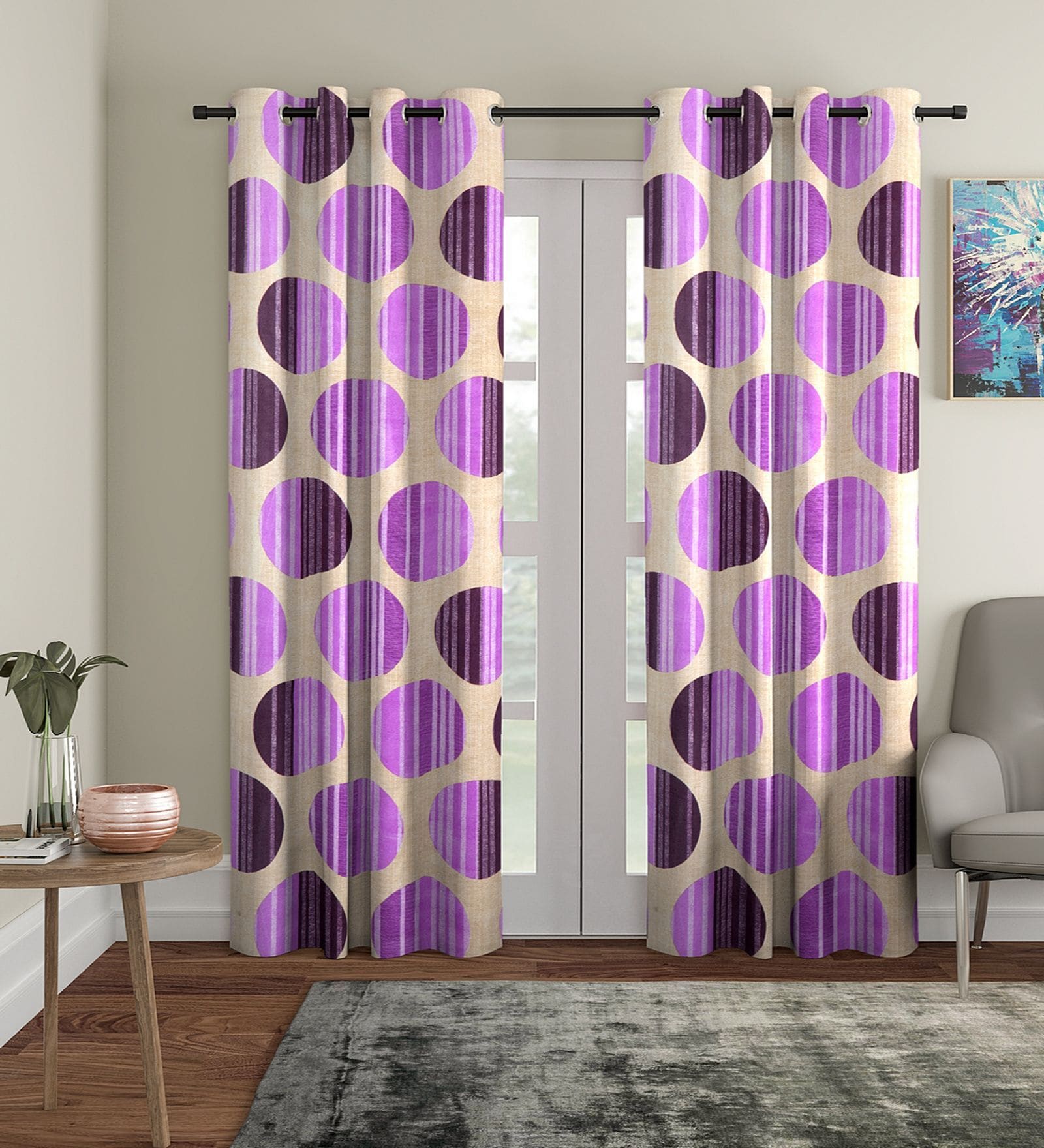 Purple Floral Polyester 9Ft Semisheer Eyelet Door Curtains (Set Of 2)