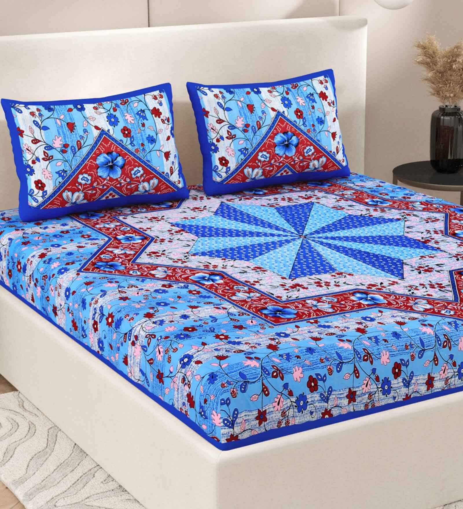 Blue Floral 200 TC Cotton Double Queen Sized Bedsheet With 2 Pillow Covers