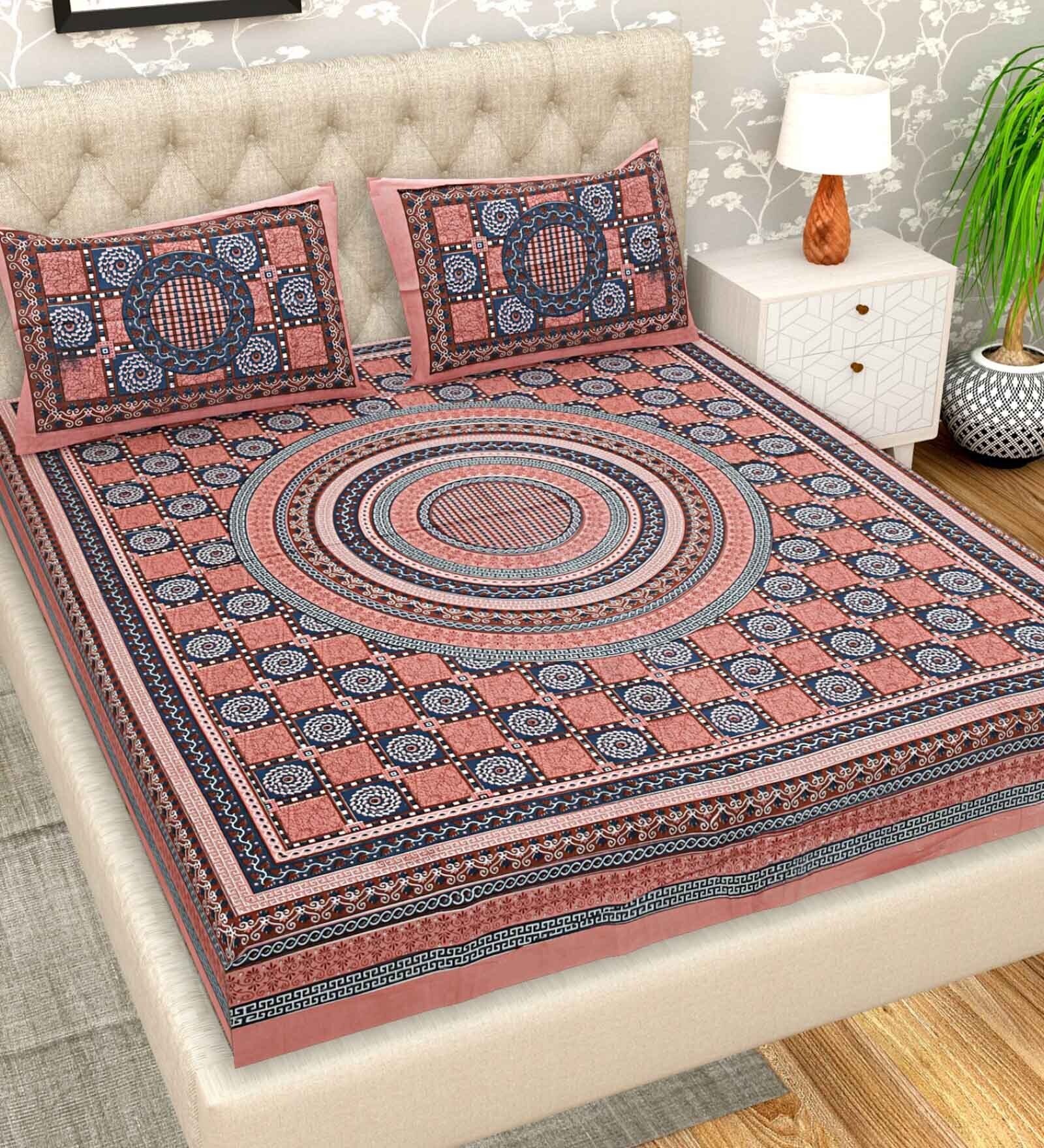 Pink Geometric 200 TC Cotton Double Queen Sized Bedsheet With 2 Pillow Covers