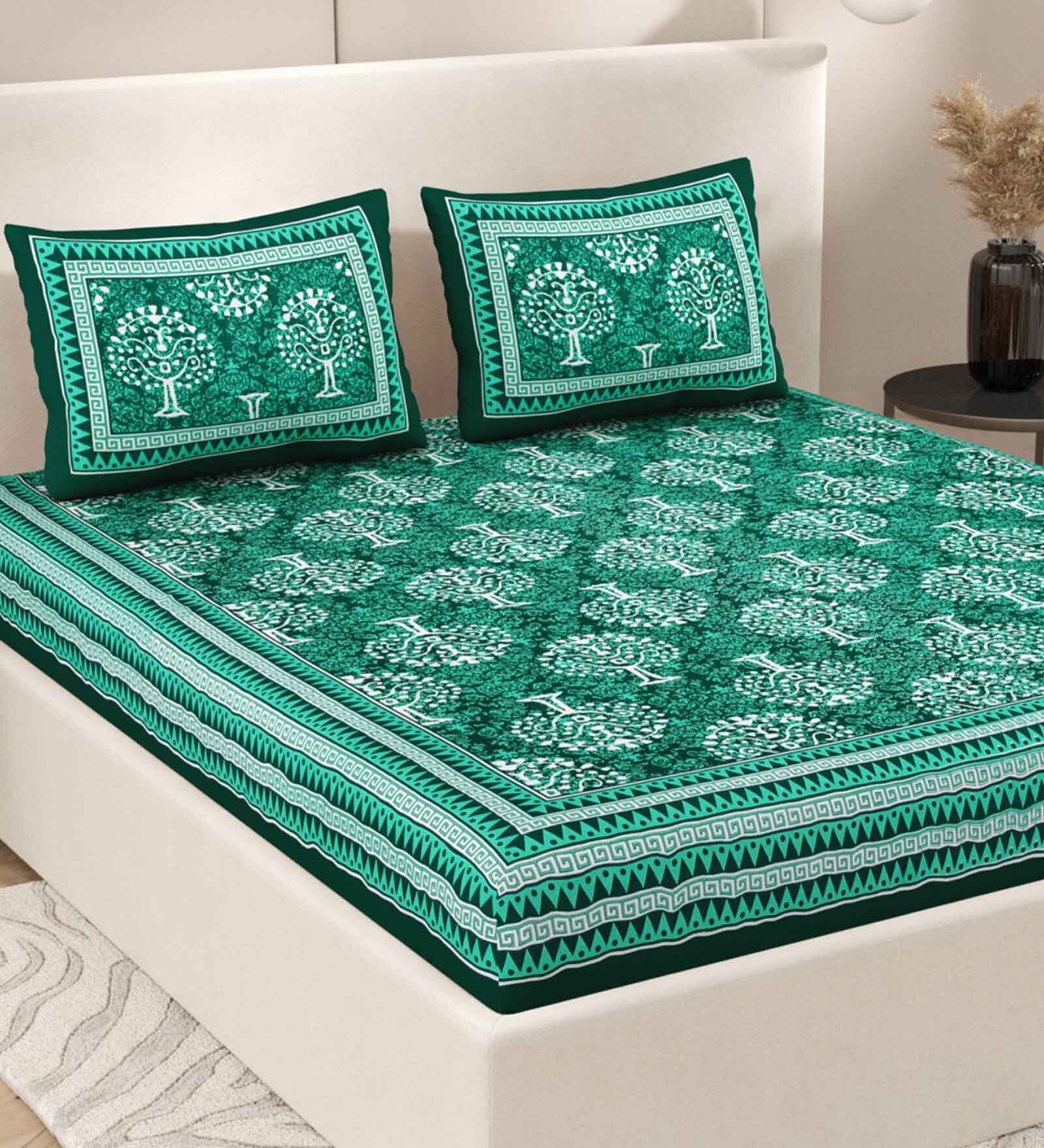 Green Traditional 200 TC Cotton Double Queen Sized Bedsheet With 2 Pillow Covers