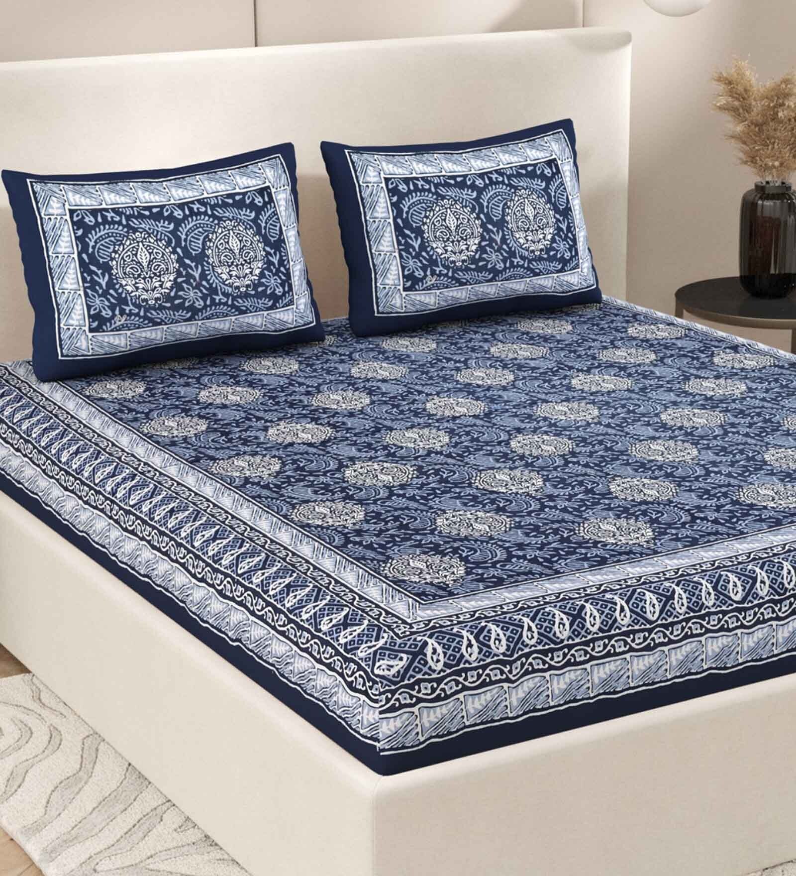 Blue Traditional 200 TC Cotton Double Queen Sized Bedsheet With 2 Pillow Covers