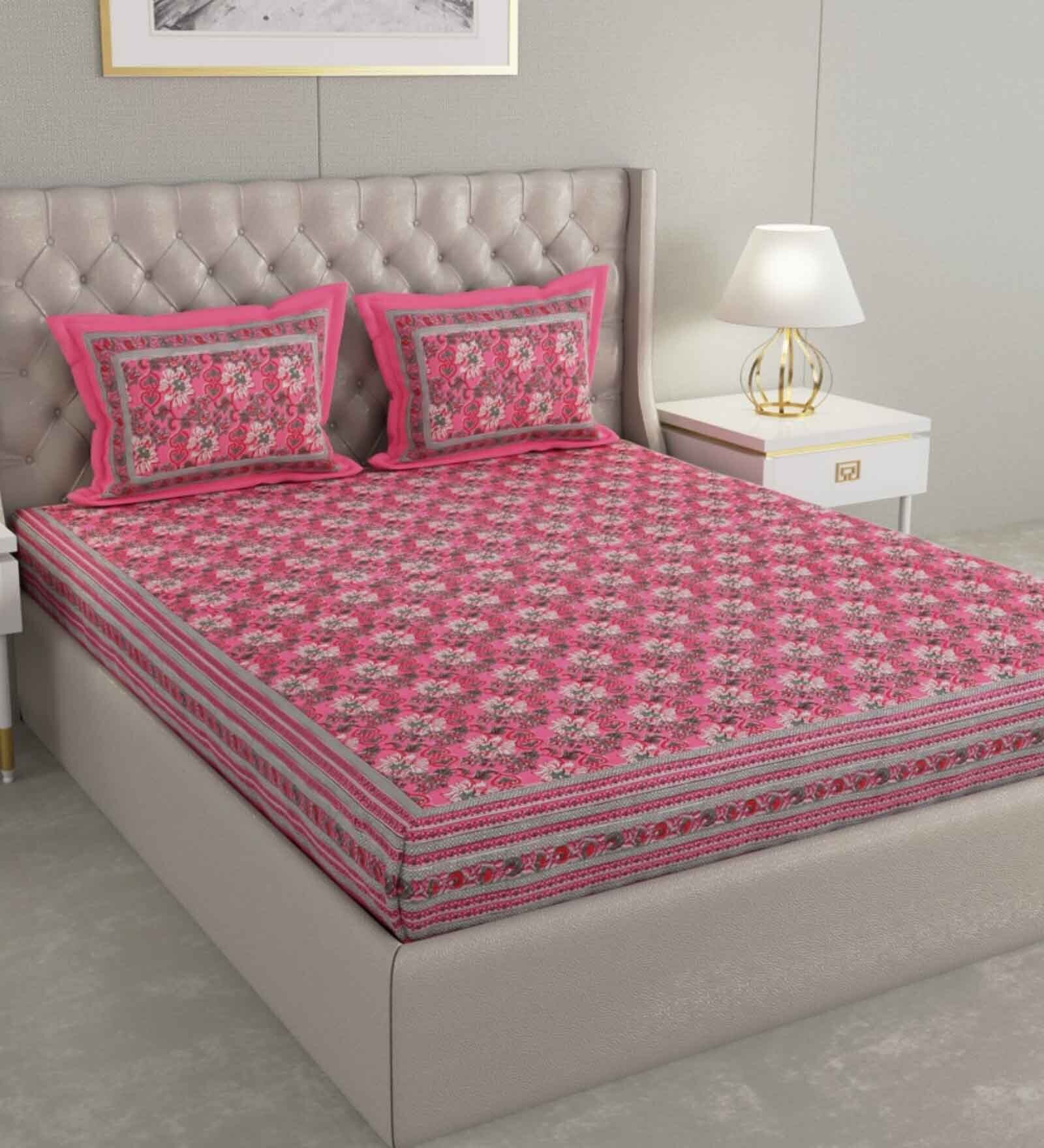 Pink Floral 300 TC Cotton Double King Sized Bedsheet With 2 Pillow Covers