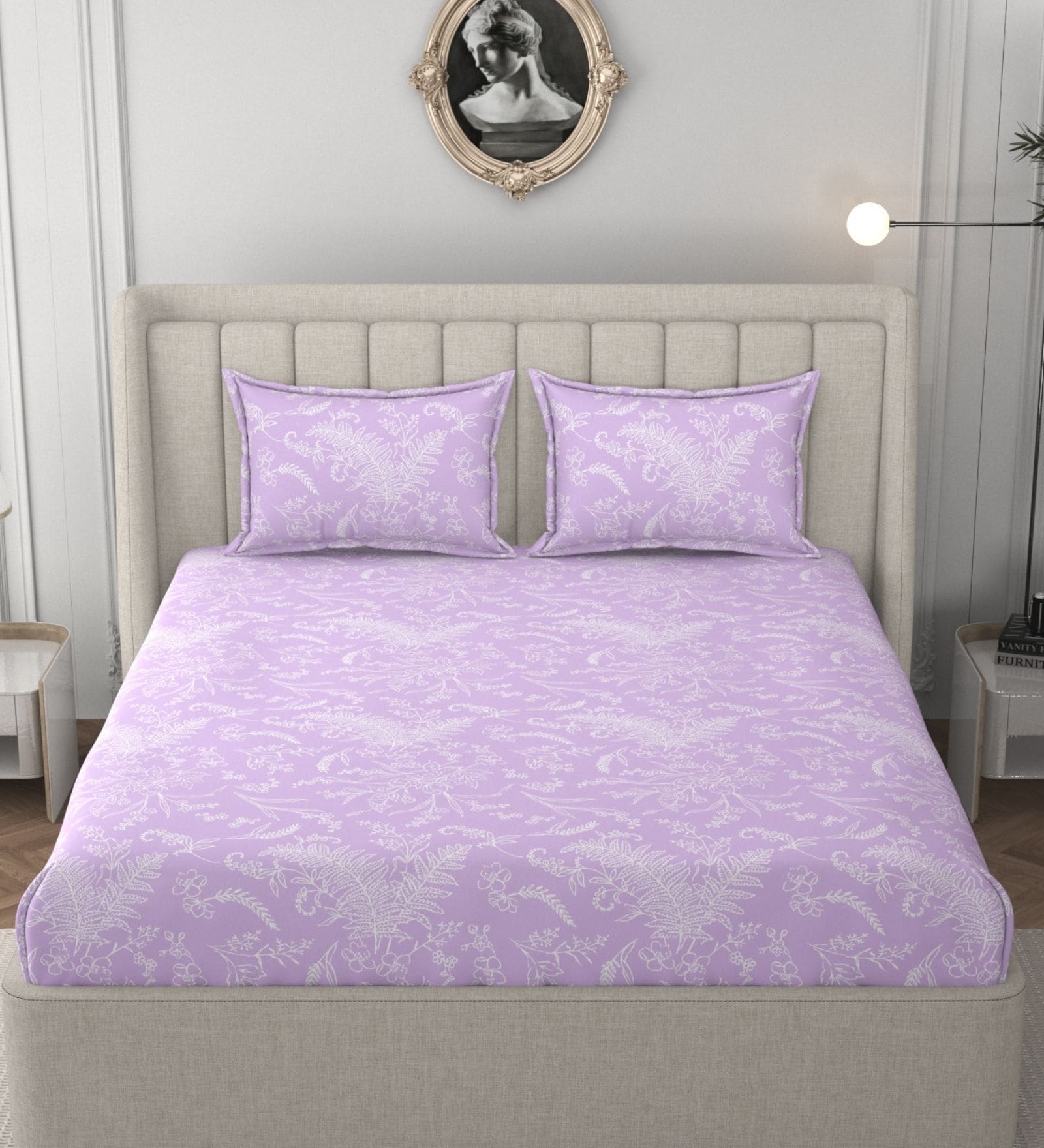 Purple Glace Cotton Floral Print Elastic Fitted King Bedsheet With 2 Pillow Covers