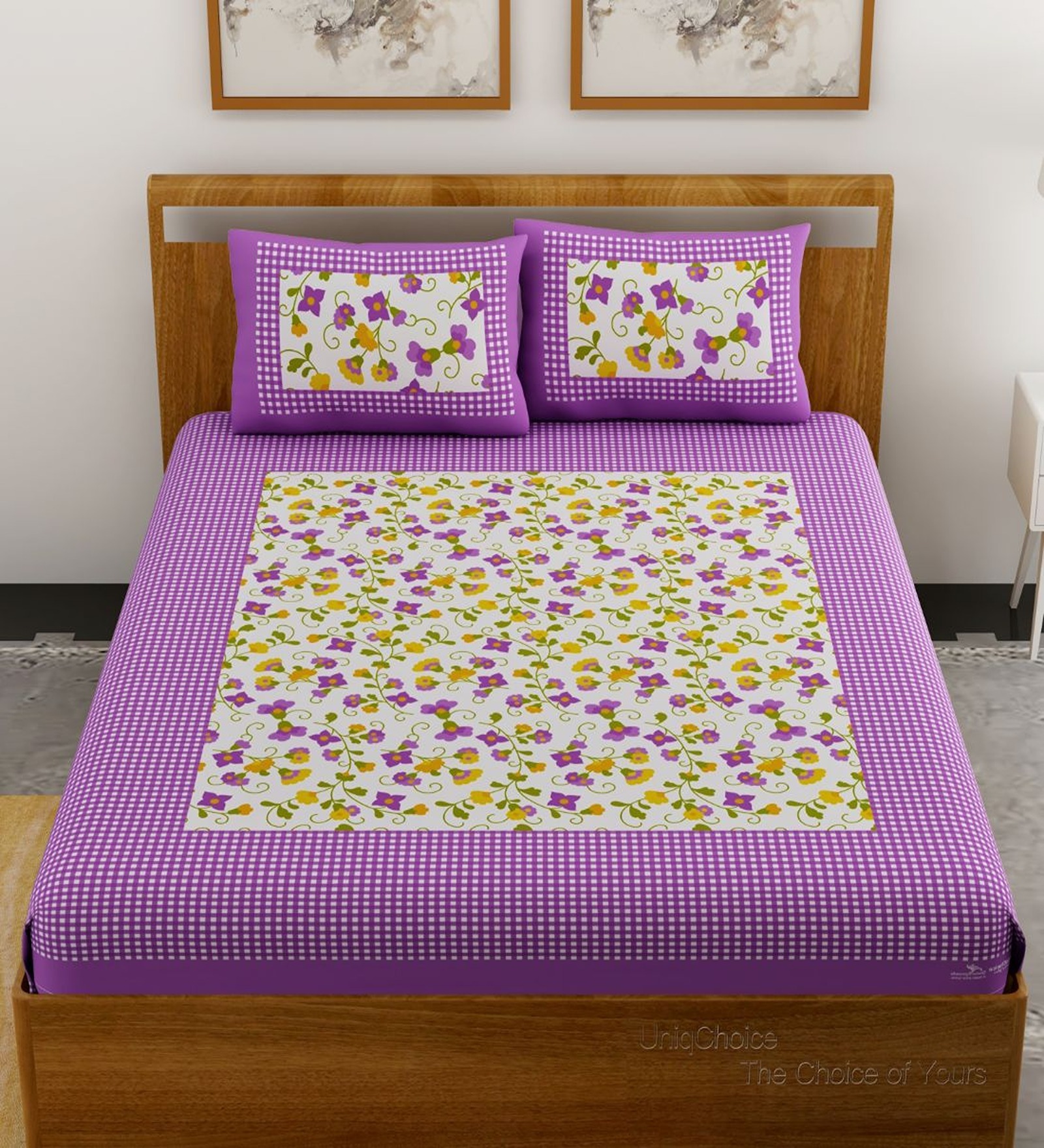Purple Floral 120 TC Cotton Queen Sized Bedsheet with 2 Pillow Cover