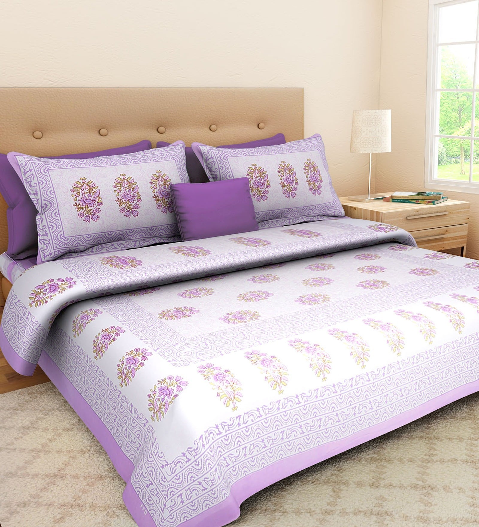 Purple Floral 120 TC Cotton Queen Sized Bedsheet with 2 Pillow Cover