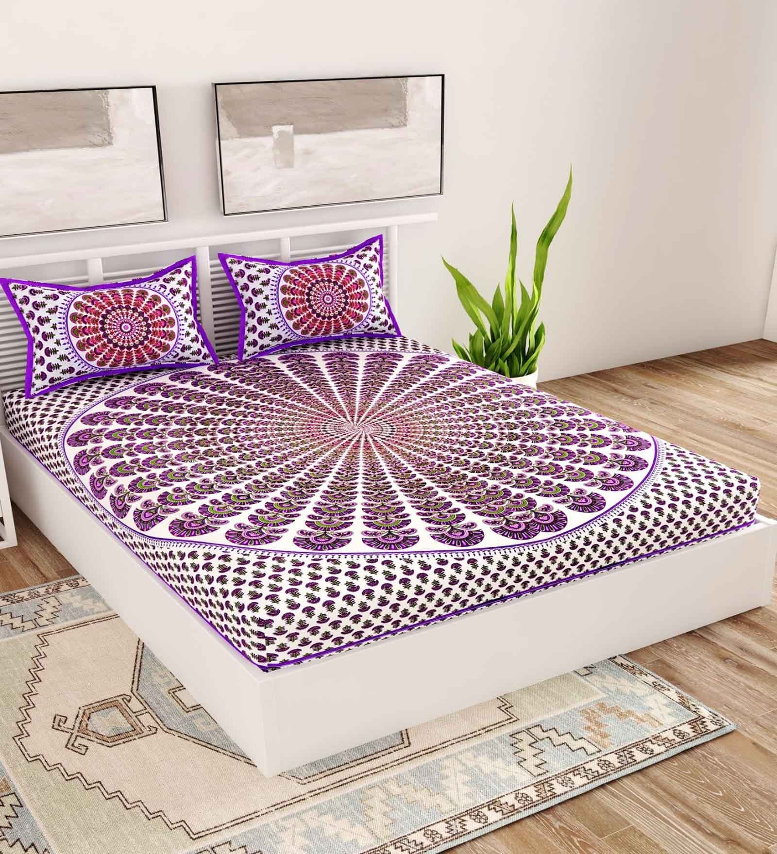 Purple Traditional 120 TC Cotton Queen Sized Bedsheet with 2 Pillow Cover