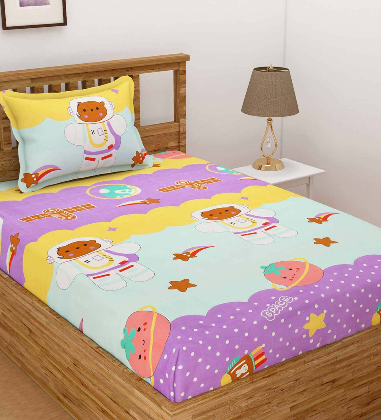 Buy Multicolor Kids TC 160 Poly Cotton Kids Bed Sheet With 2 Pillow