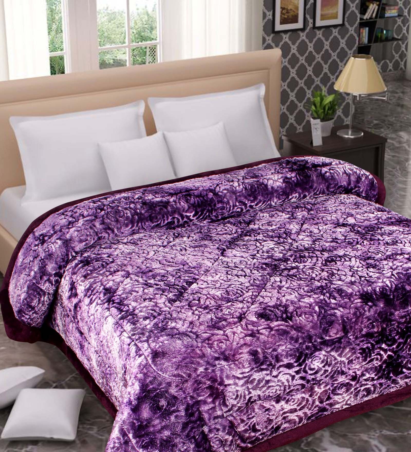 Buy Purple Abstract Microfiber 300 GSM Heavy Winter Reversible Double ...