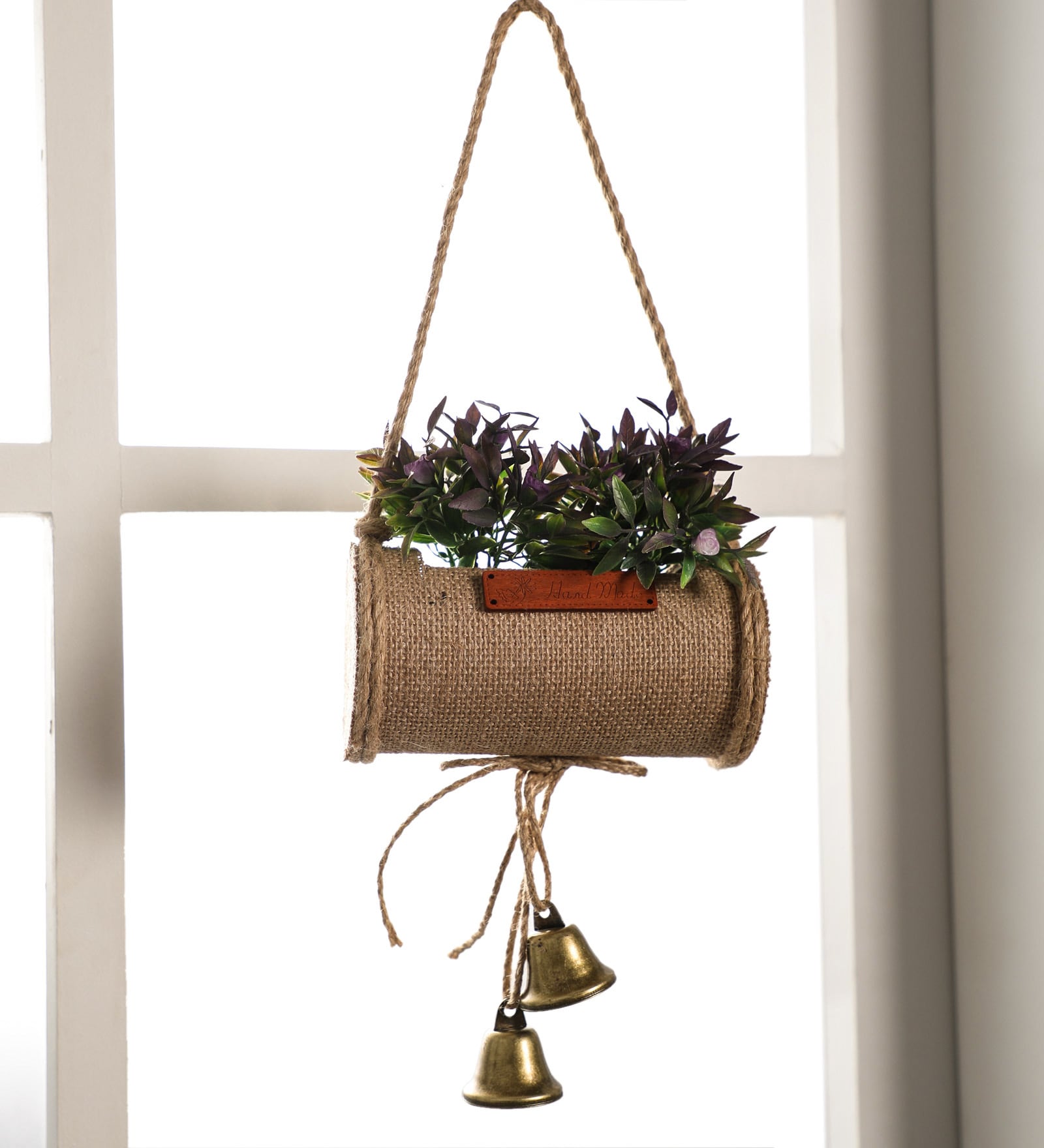Purple Plastic Artificial Bonsai in Jute Duffle with Bells