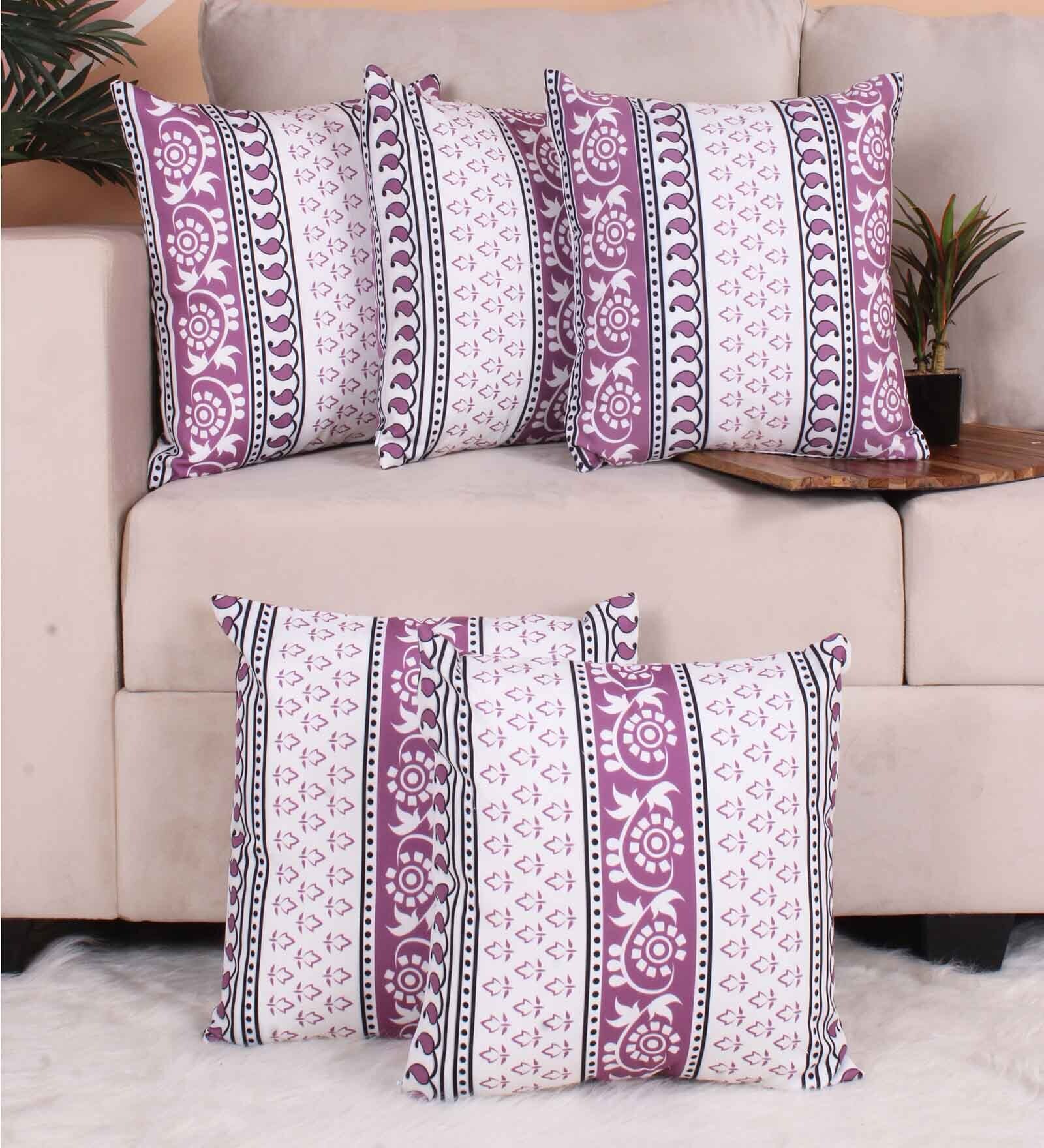 Purple Polycotton Floral 16x16 inches Cushion Covers (Pack of 5)