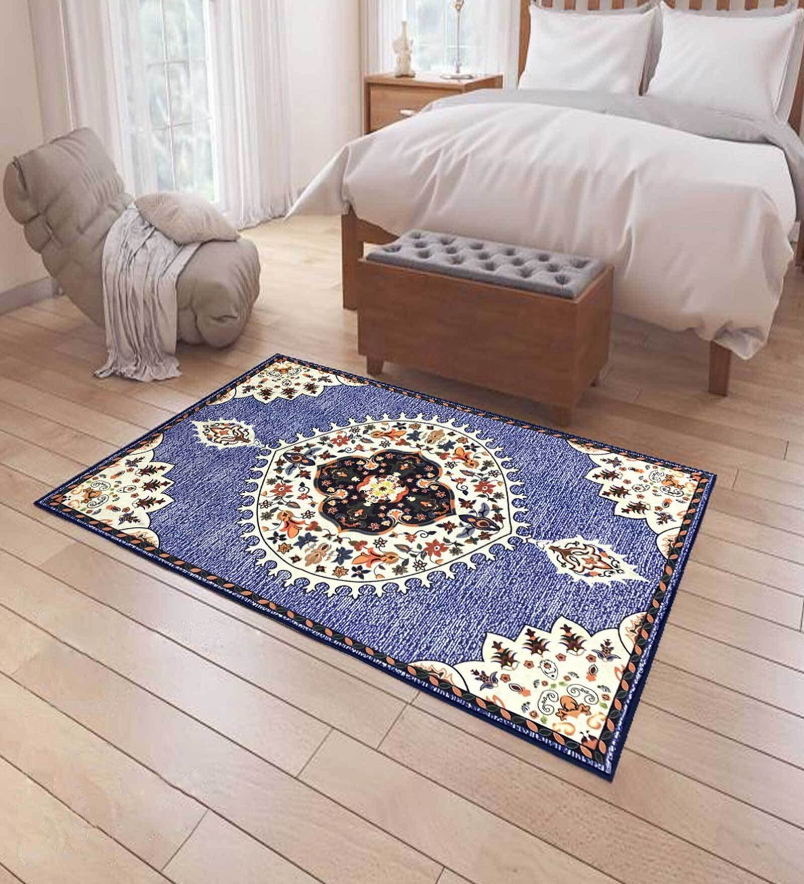 Blue Polyester Vintage 5 X 7 Feet Machine Made Carpet