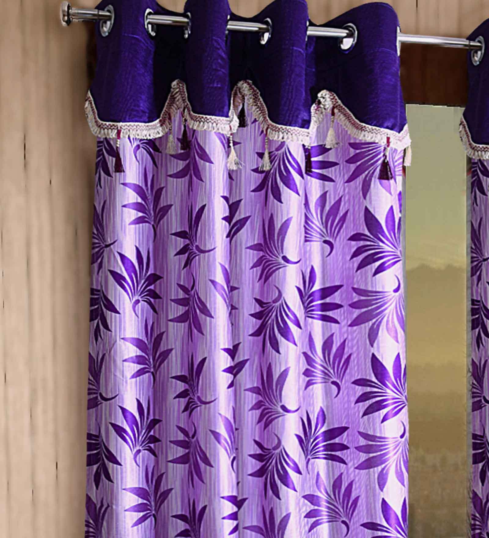 Buy Purple Floral Polyester 5 Ft Semisheer Eyelet Window Curtains (Set